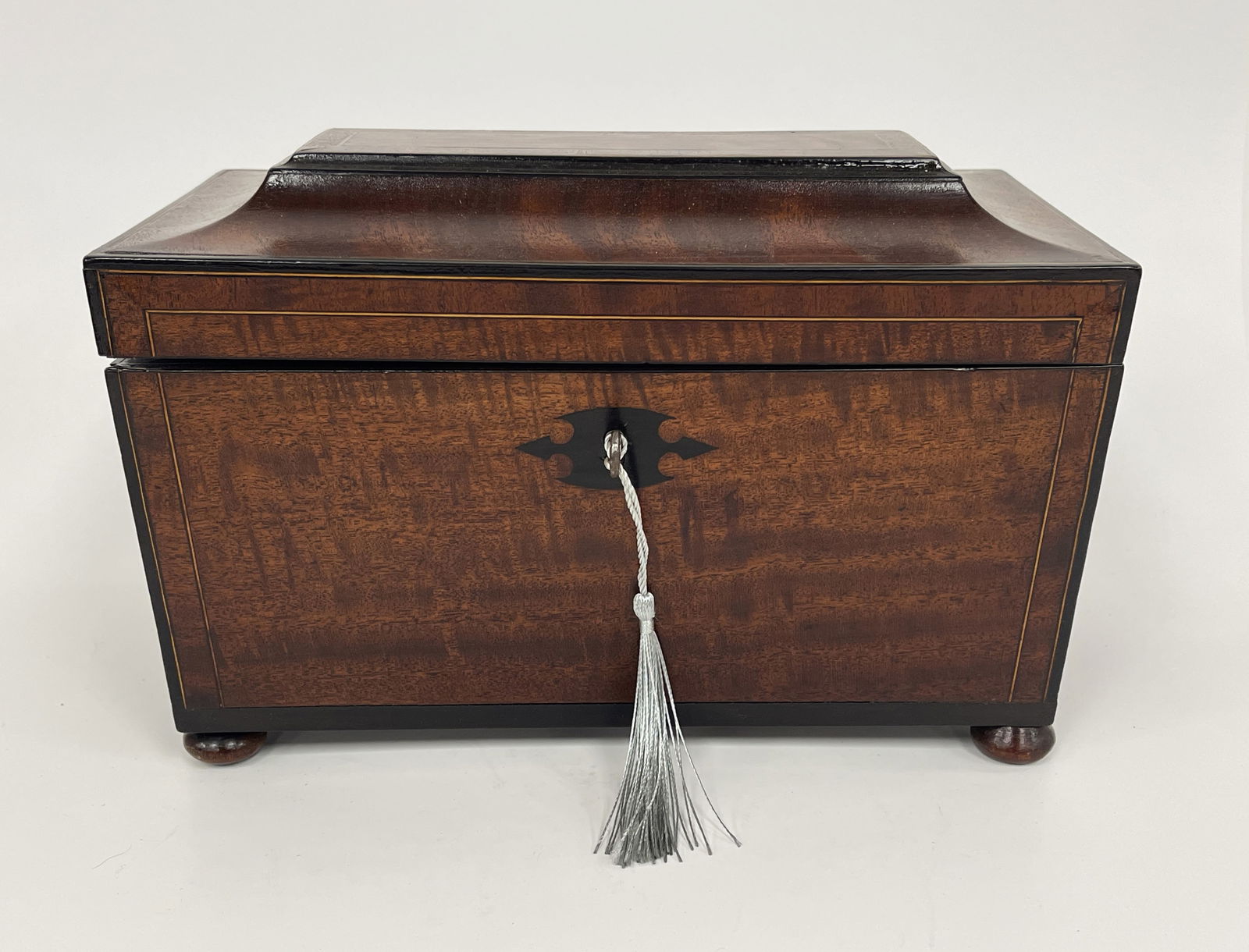 19TH C MAHOGANY INLAID SARCOPHAGUS ENGLISH TEA CADDY (1 of 8)