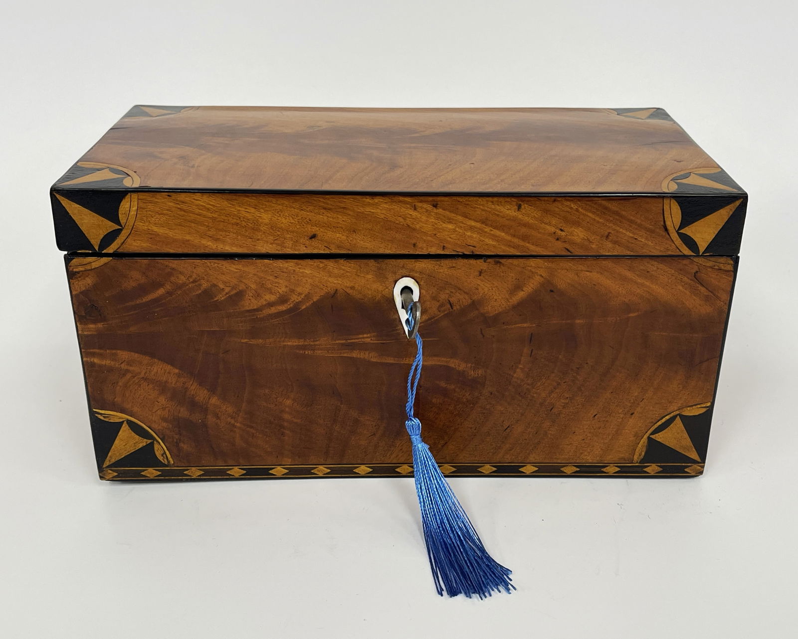 19TH C ENGLISH CROTCH SATINWOOD CORNER FAN INLAID TEA CADDY (1 of 6)