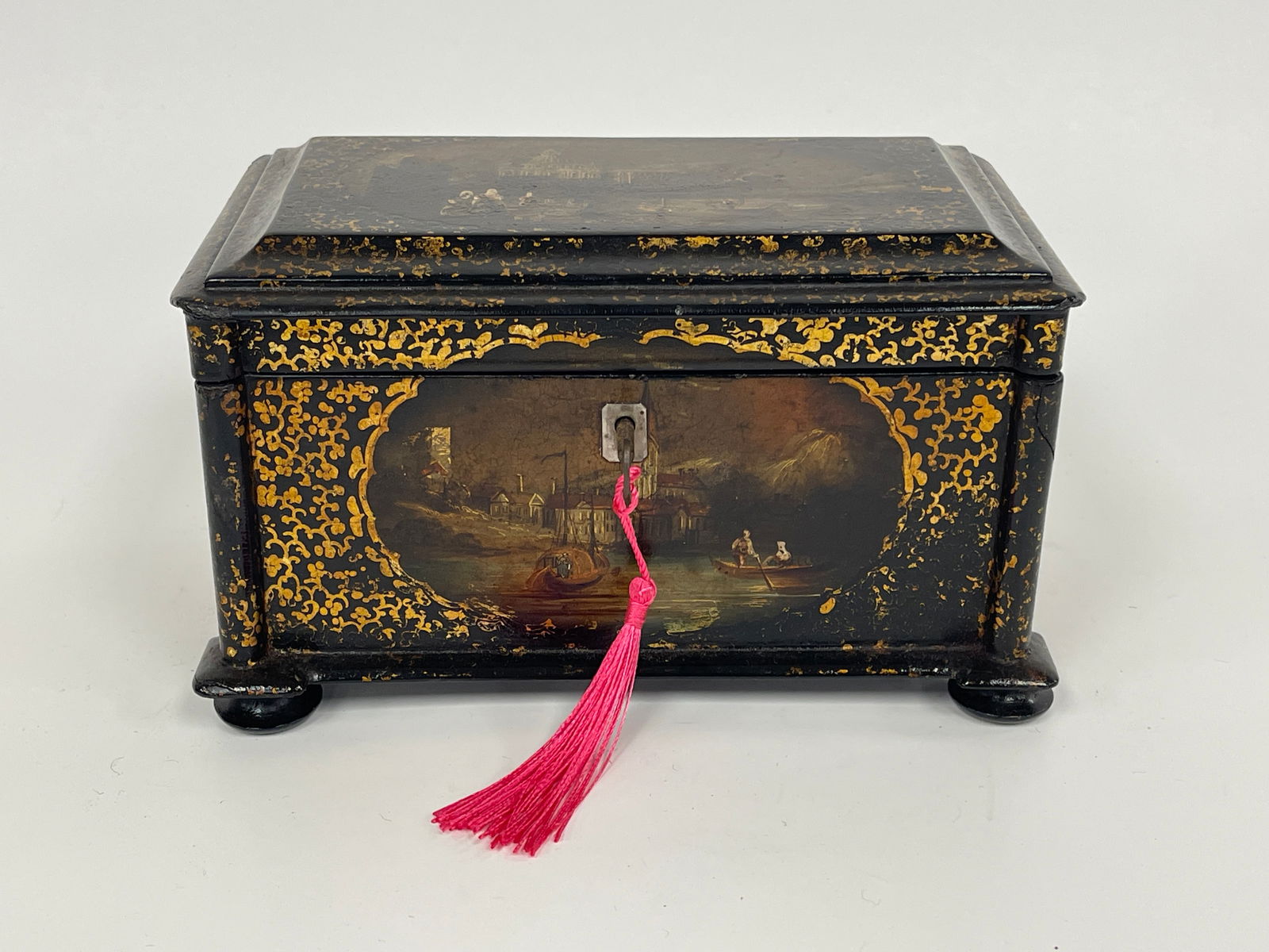 19TH C ENGLISH PAPER MACHE TEA CADDY (1 of 6)