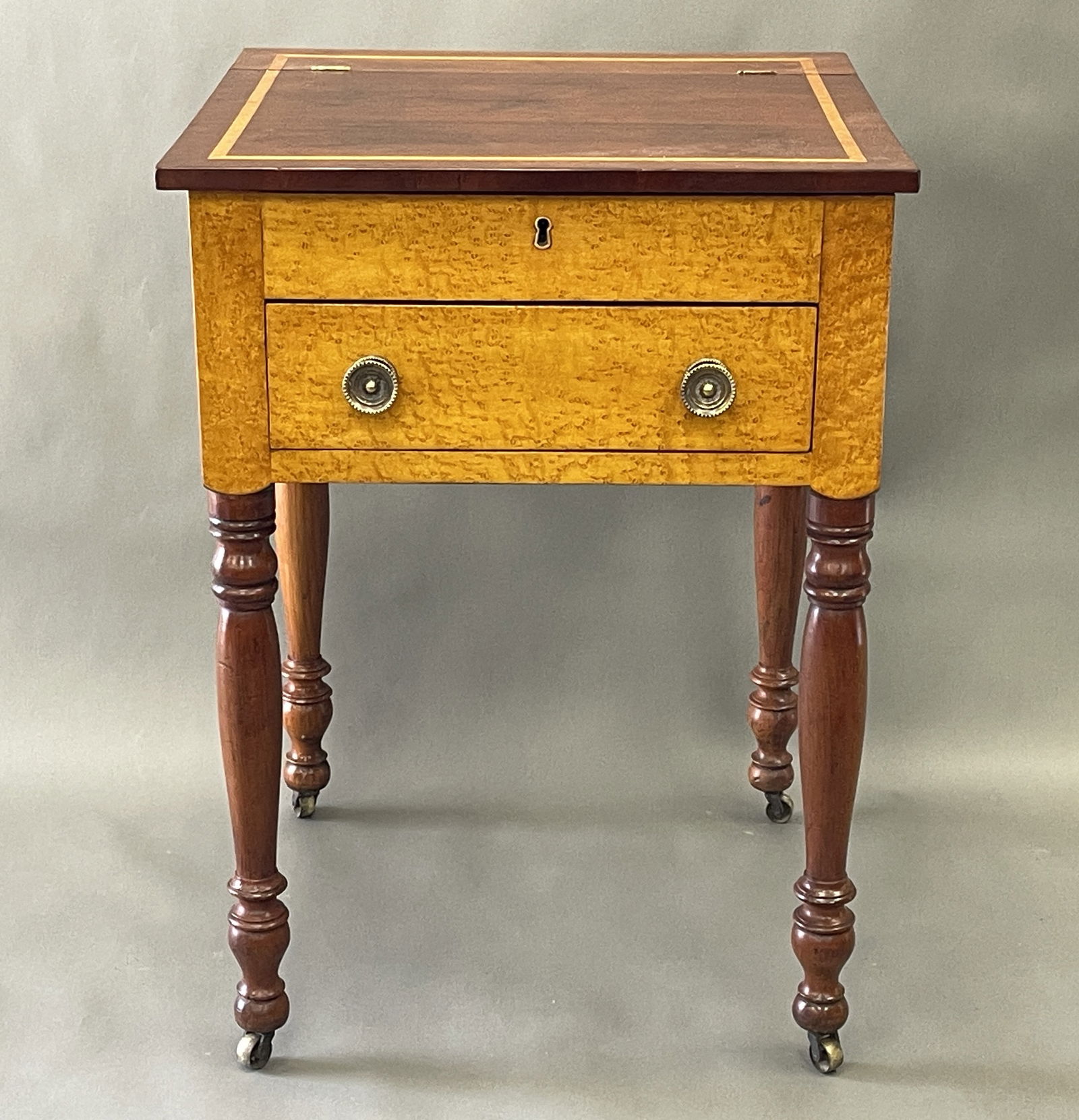 19TH C AMERICAN SCHOOL DESK STAND WITH BIRDSEYE MAPLE: 19TH C AMERICAN SCHOOL DESK STAND WITH BIRDSEYE MAPLE