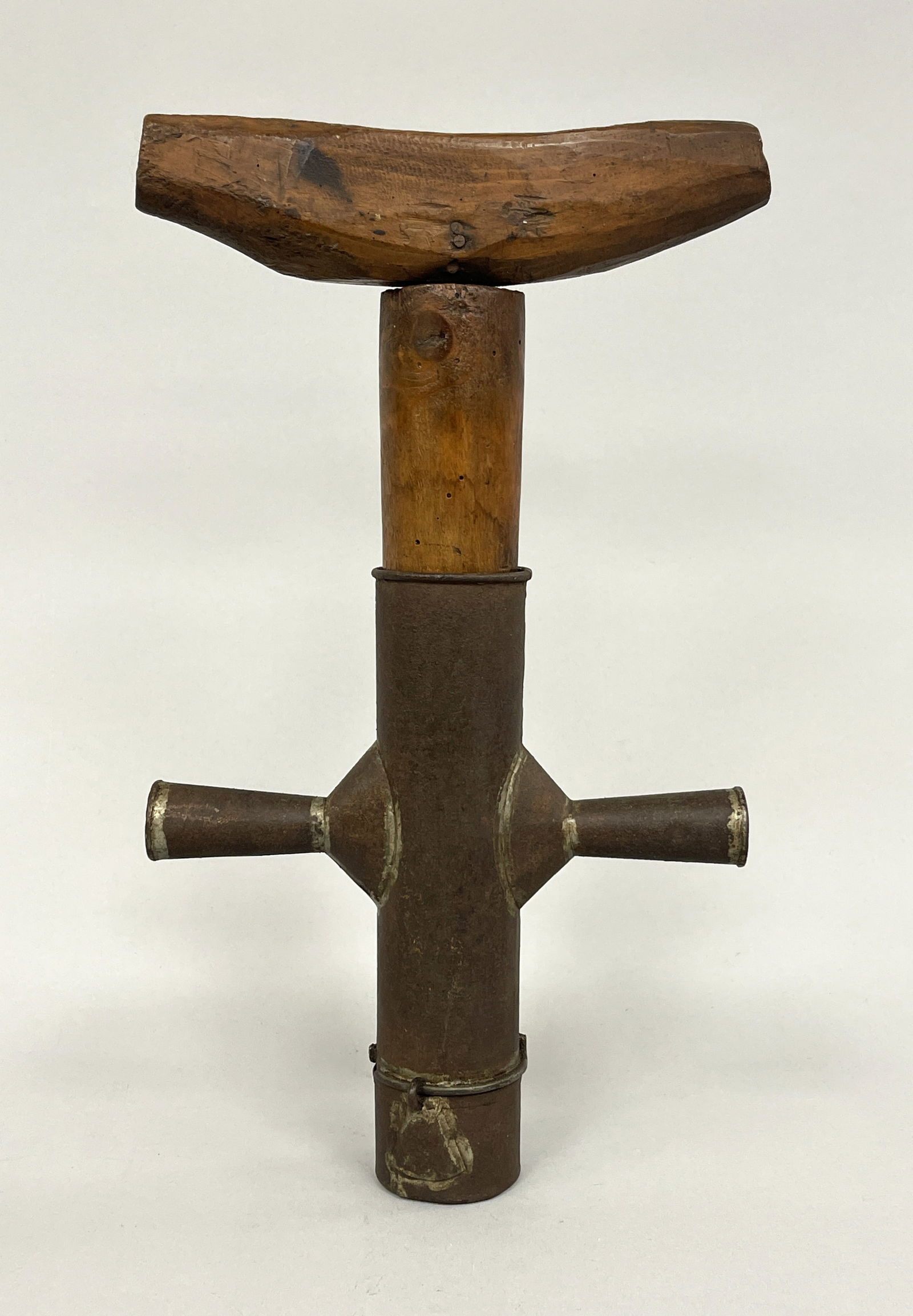 TURNED WOOD SAUSAGE STUFFER W/ TIN SLEEVE: TURNED WOOD SAUSAGE STUFFER W/ TIN SLEEVE