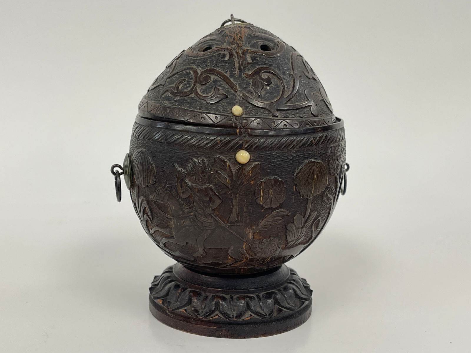 MID 19TH C SAILOR CARVED COCONUT HINGED LIDDED BOWL: MID 19TH C SAILOR CARVED COCONUT HINGED LIDDED BOWL LEAFAGE CARVED WALNUT BASE SUPERBLY RELIEF CARVED DEPICTING INDIAN ON HORSEBACK , SLAYING LIONS SHEPHERD WITH DOG AND SHEEP, HOUSE BARN , FENCING ,
