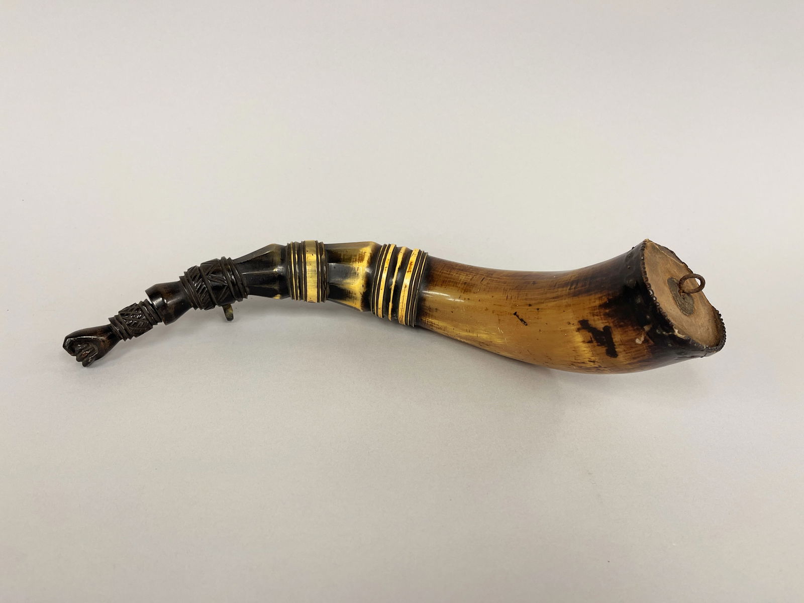 GREAT AND VERY IMPORTANT POWDER HORN W/ INSCRIPTION AND CARVED STOPPER IN THE SHAPE OF A MASONIC (1 of 5)