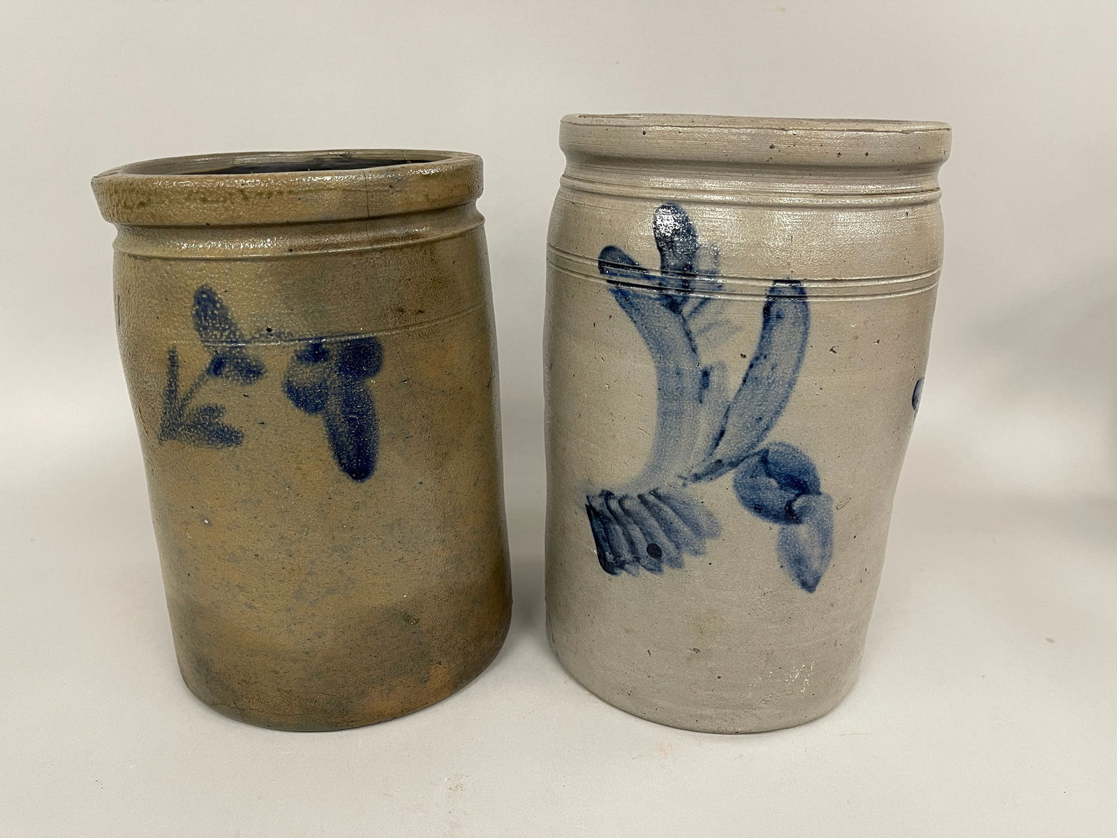 TWO BLUE DECORATIVE CROCKS: TWO BLUE DECORATIVE CROCKS