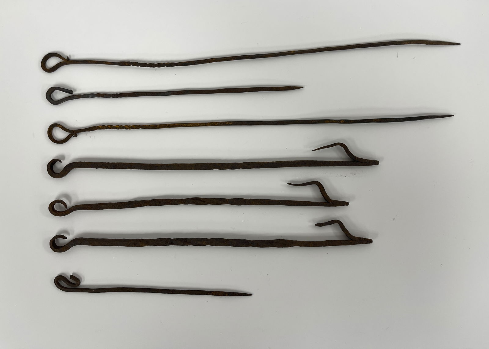 18THC IRON LOT OF 5 LONG SKEWERS AND 3 BETTY LAMP EXTENDERS FOR HANGING: 18THC IRON LOT OF 5 LONG SKEWERS AND 3 BETTY LAMP EXTENDERS FOR HANGING