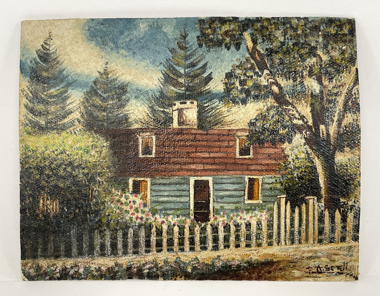 SMALL OIL ON MASONITE PORTRAIT OF THE WELD HOUSE IN BROOKLINE, MASS., WHERE GEORGE WASHINGTON SLEPT, (1 of 3)