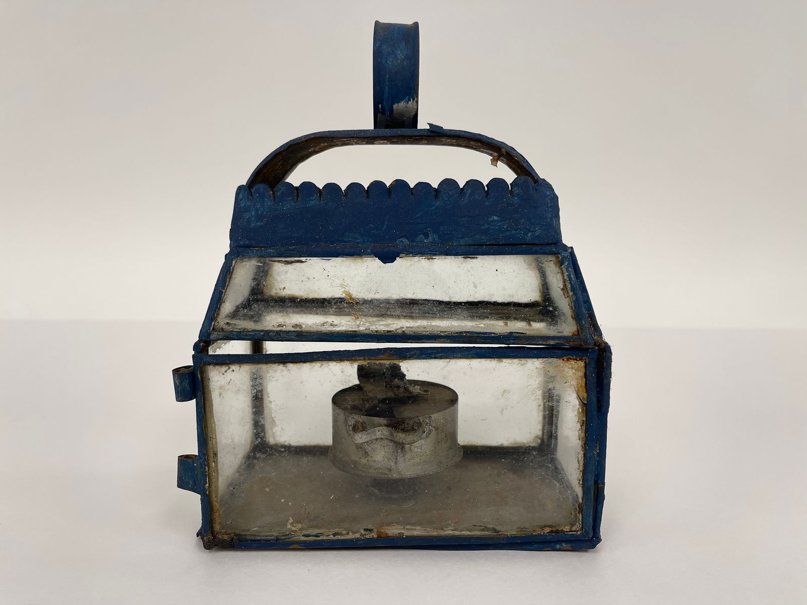 interesting blue painted sheet tin candle lantern: interesting blue painted sheet tin candle lantern w/ mansard top