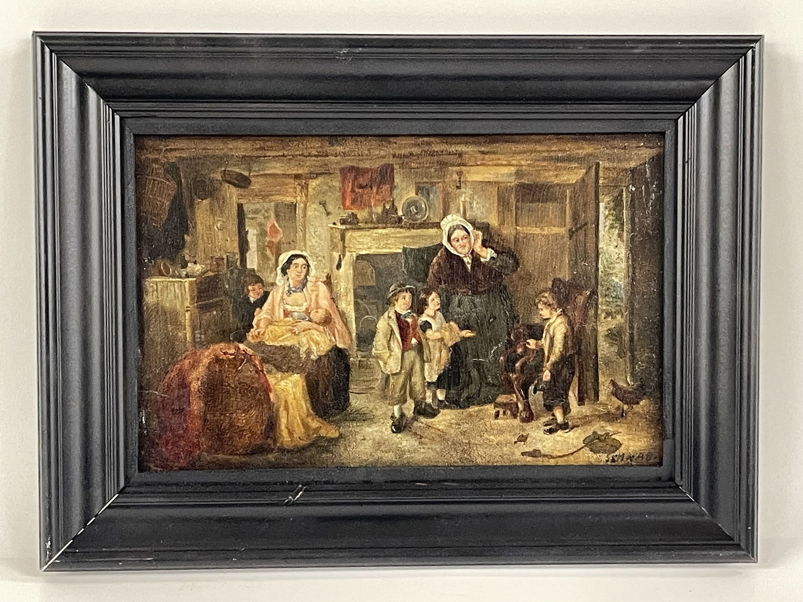 EARLY GENRE PAINTING ON WOOD PANEL SIGNED LR (1 of 5)