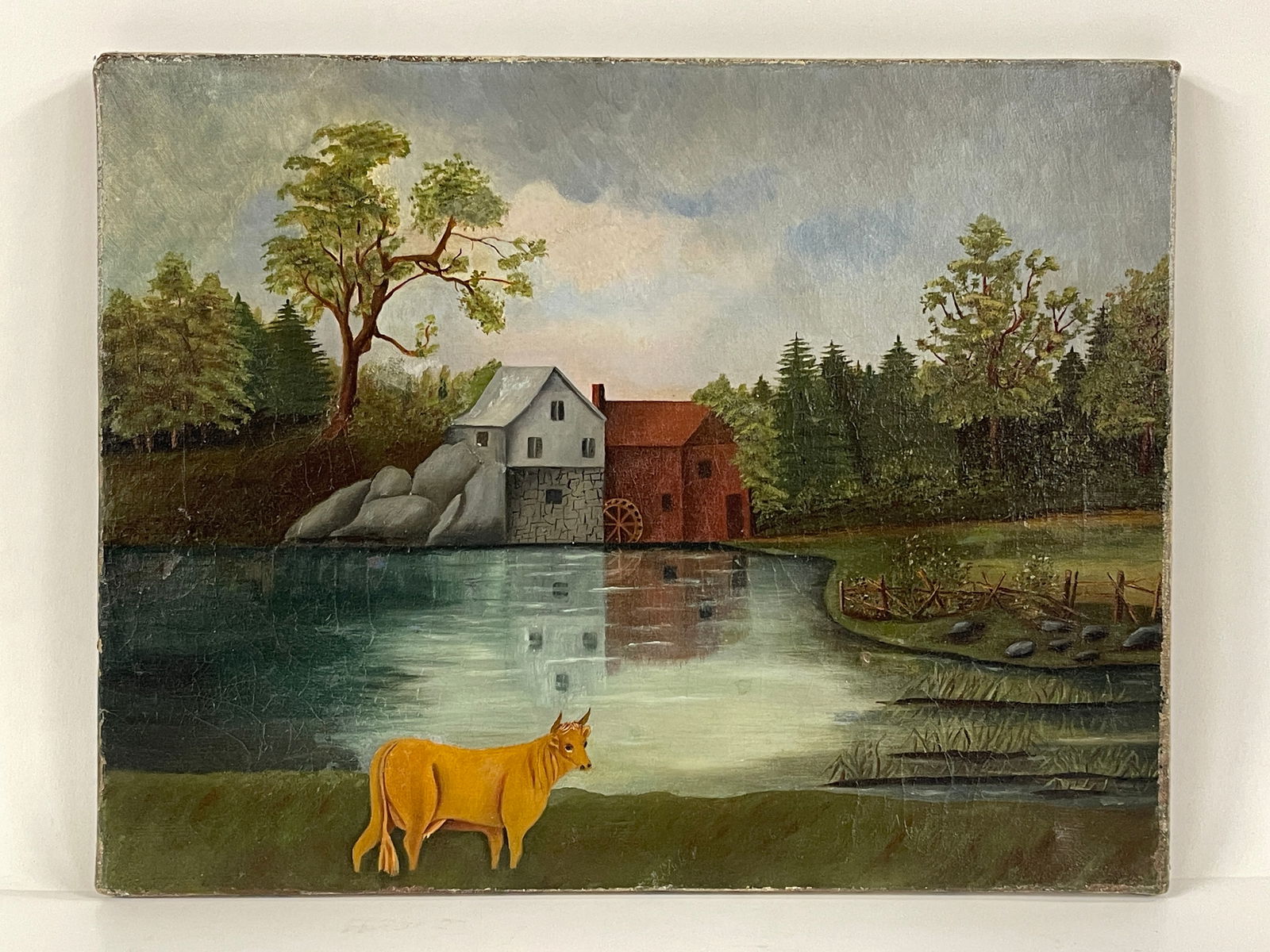 EARLY O/C FOLK ART PAINTING OF A COW AT POND WITH GRISTMILL IN THE BACKGROUND: EARLY O/C FOLK ART PAINTING OF A COW AT POND WITH GRISTMILL IN THE BACKGROUND