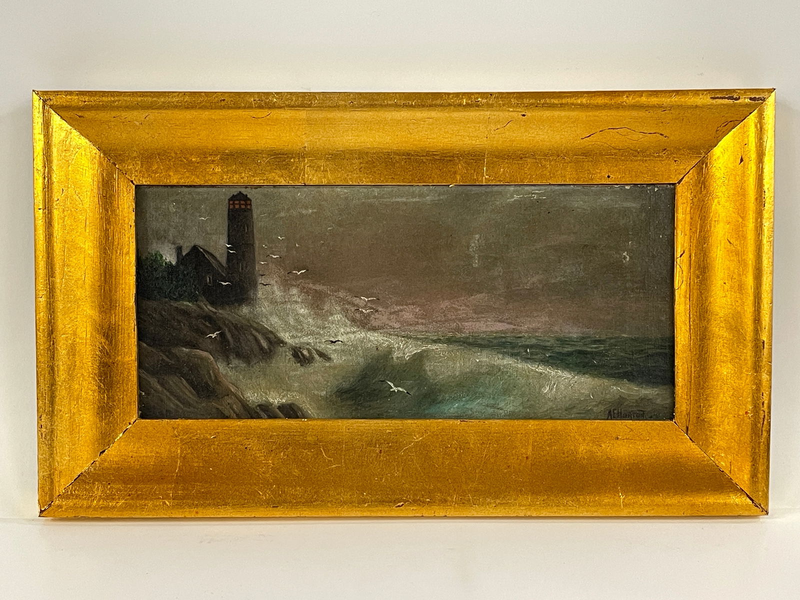 O/C PAINTING OF A STORM AT A LIGHTHOUSE SIGNED LR A E HORTON (1 of 5)