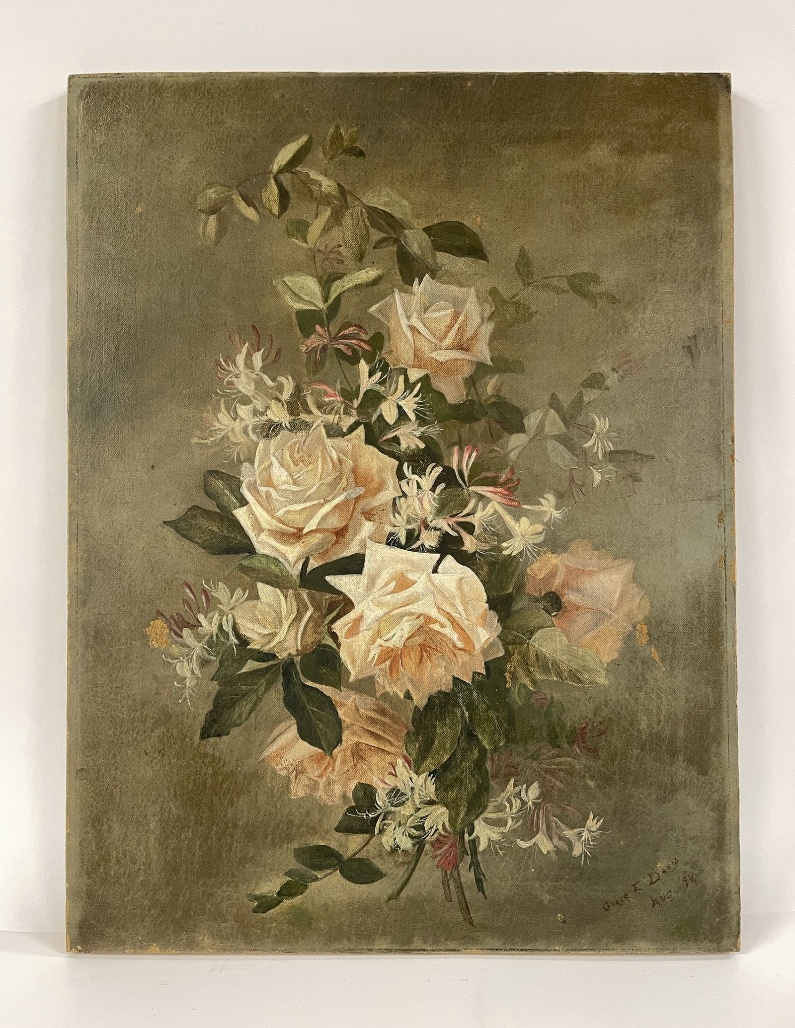 O/C PAINTING OF ROSES: O/C PAINTING OF ROSES SIGNED GRACE E DAVIS AUG, 94