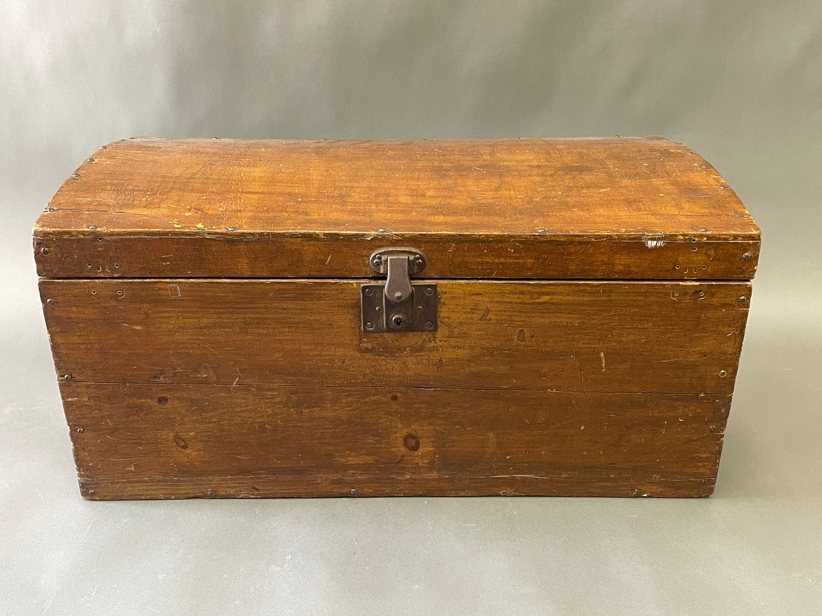 PAINTED DOME TOP CHEST: PAINTED DOME TOP CHEST WITH EARLY PROVIDENCE, RHODE ISLAND NEWSPAPER, 26 X 13 X 13