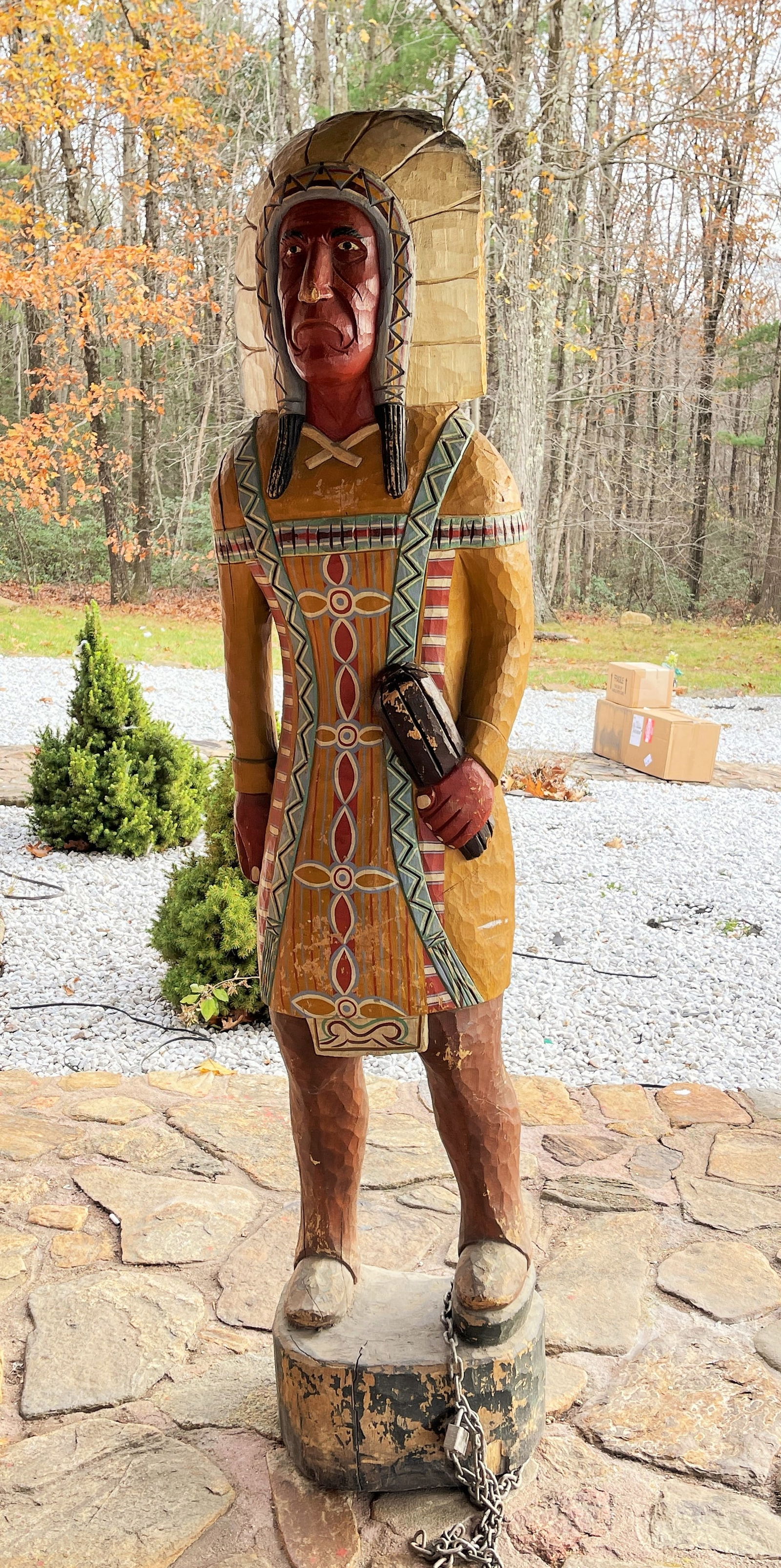 CARVED AND PAINTED NATIVE AMERICAN INDIAN CHIEF, 74": CARVED AND PAINTED NATIVE AMERICAN INDIAN CHIEF, 74"