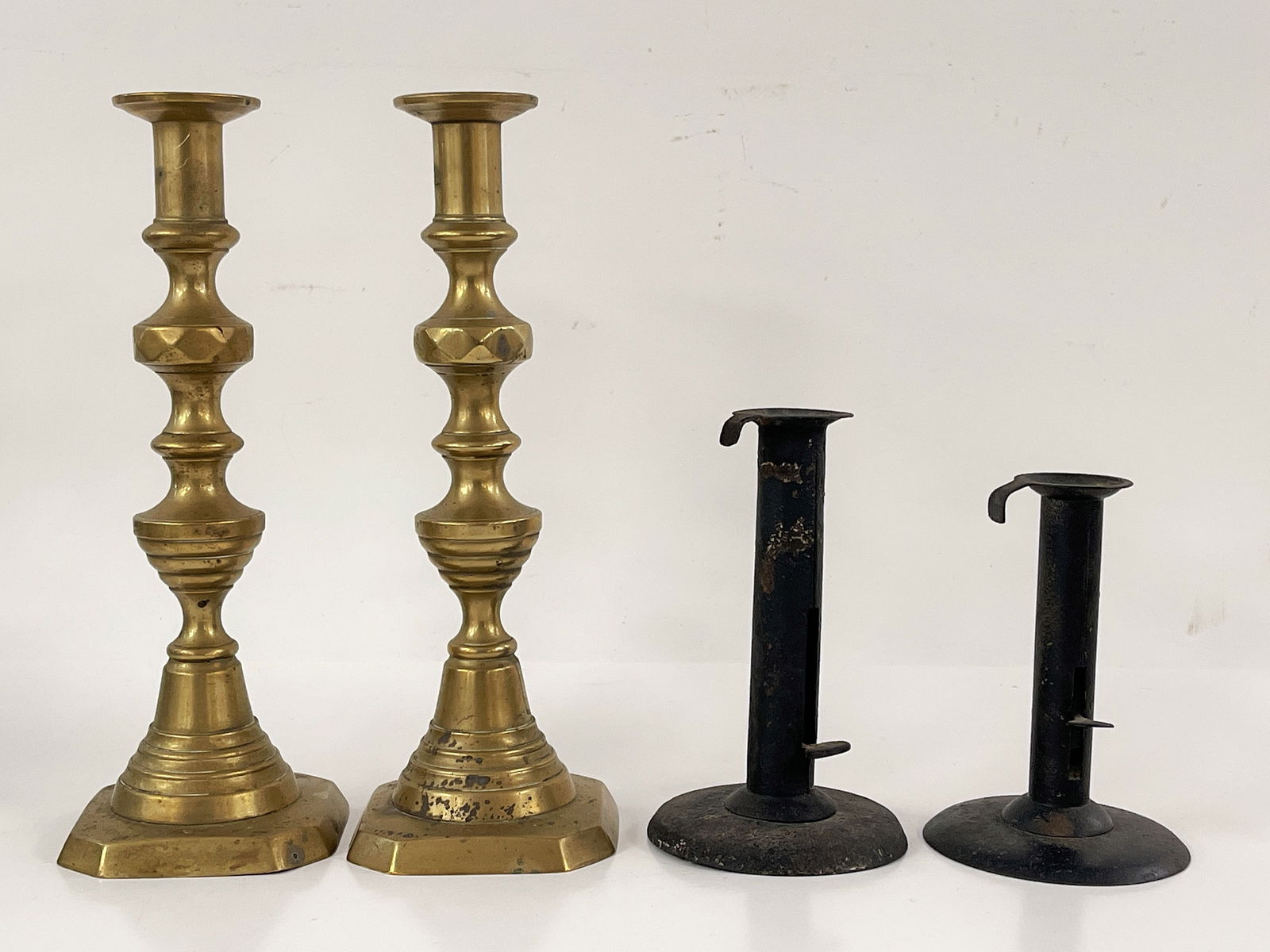 TWO PAIRS CANDLESTICKS,IRON HOG SCRAPERS,TALL BRASS AS FOUND (1 of 5)