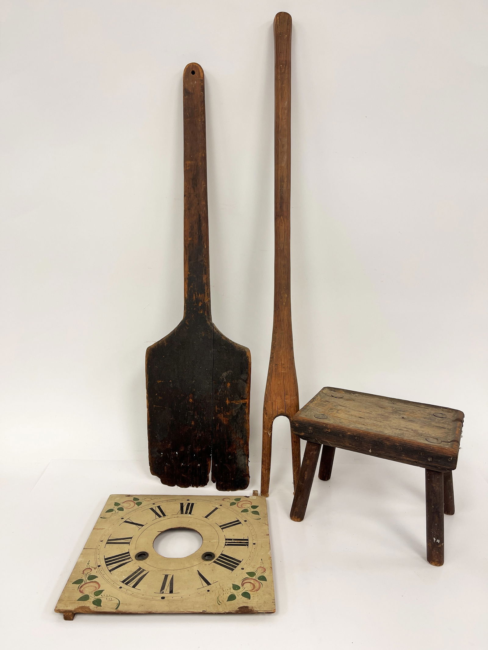 COUNTRY ITEMS: COUNTRY ITEMS, SMALL PAINTED STOOL, CLOCK FACE, WOODEN PEEL, WASH STICK