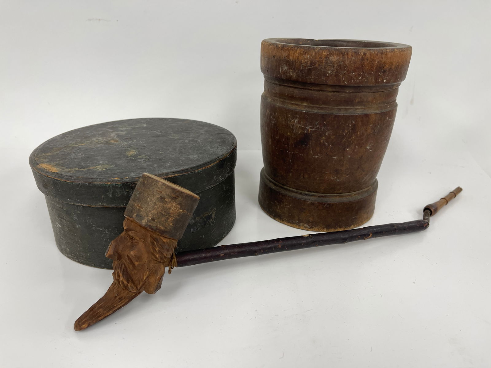 FOLK ART CARVED PIPE , PAINTED PANTRY BOX , MORTAR (1 of 8)