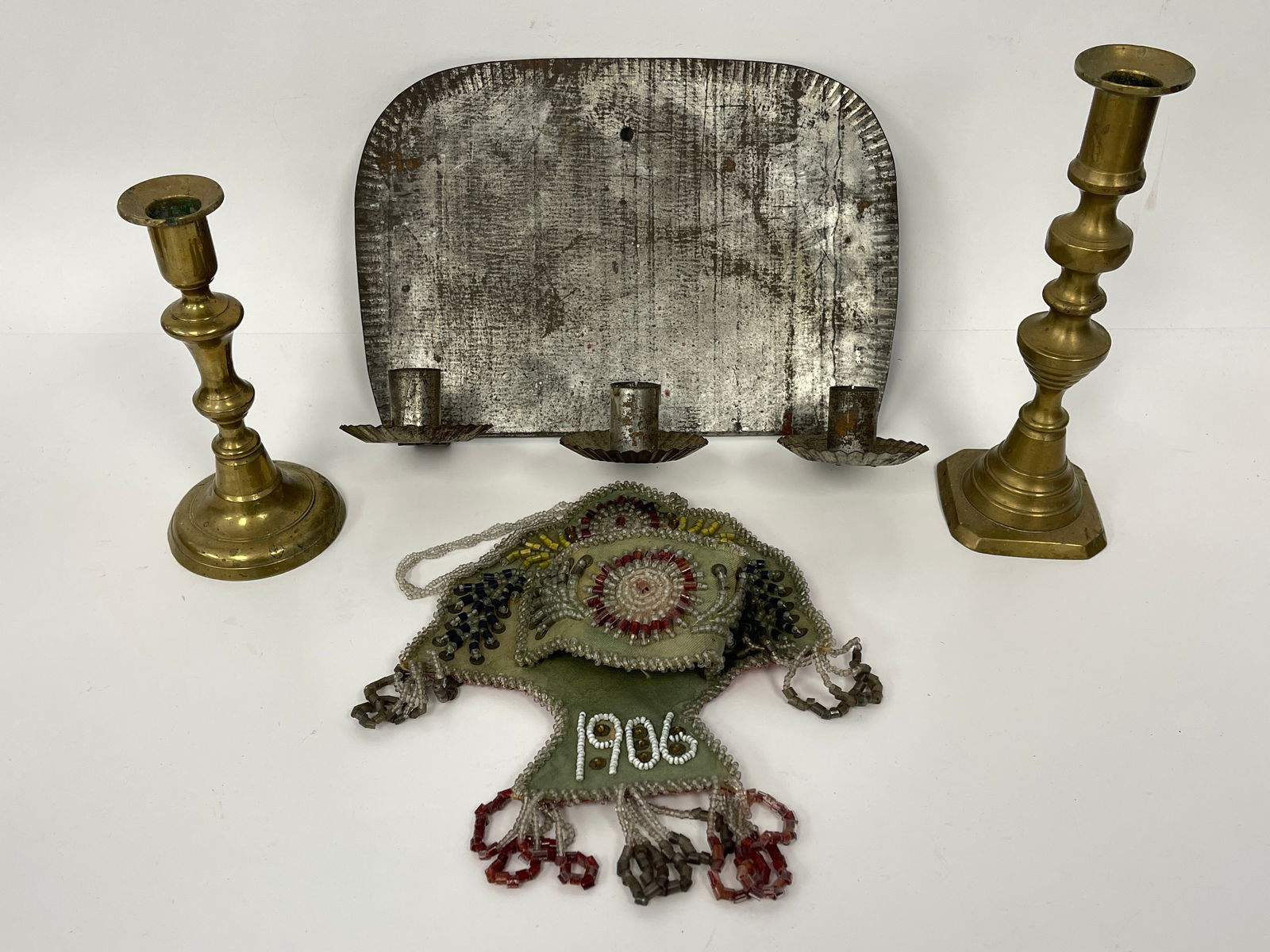 MISC ESTATE, ITEMS CANDLE SCONCES, 1906 BEADED POCKET, CANDLESTICKS (1 of 3)