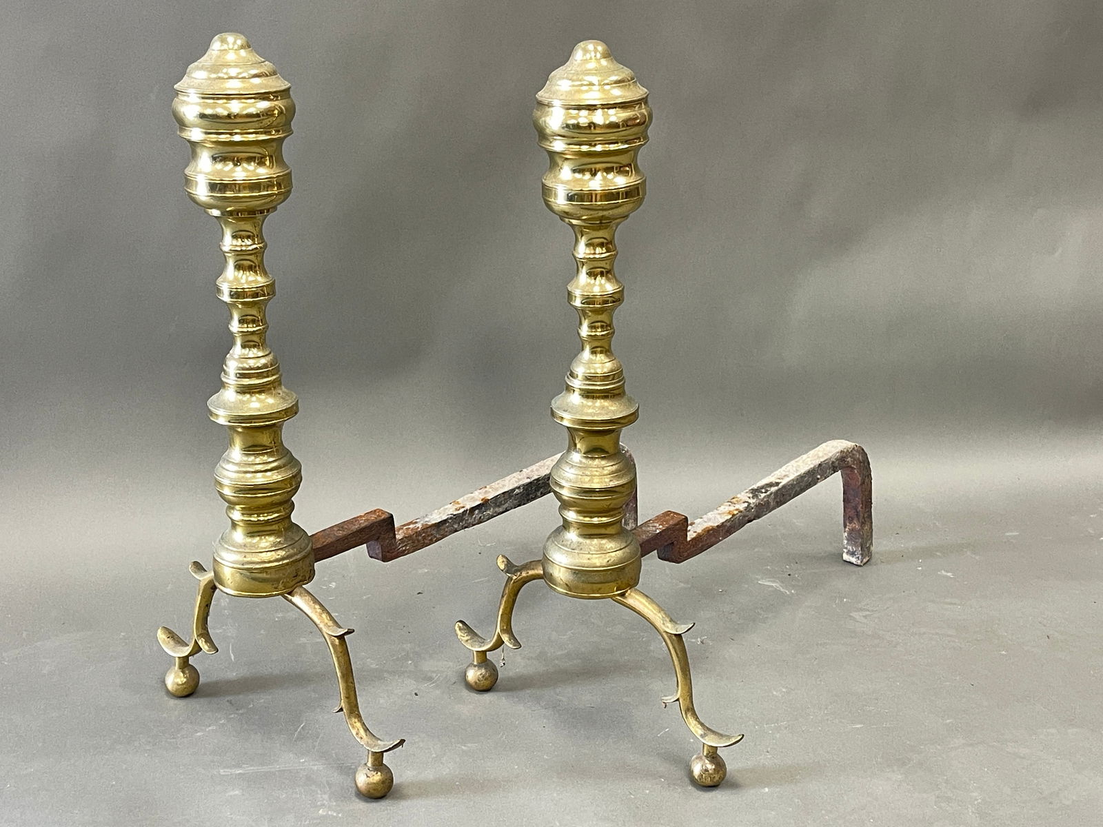 18TH C BRASS AND IRON ANDIRONS (1 of 3)