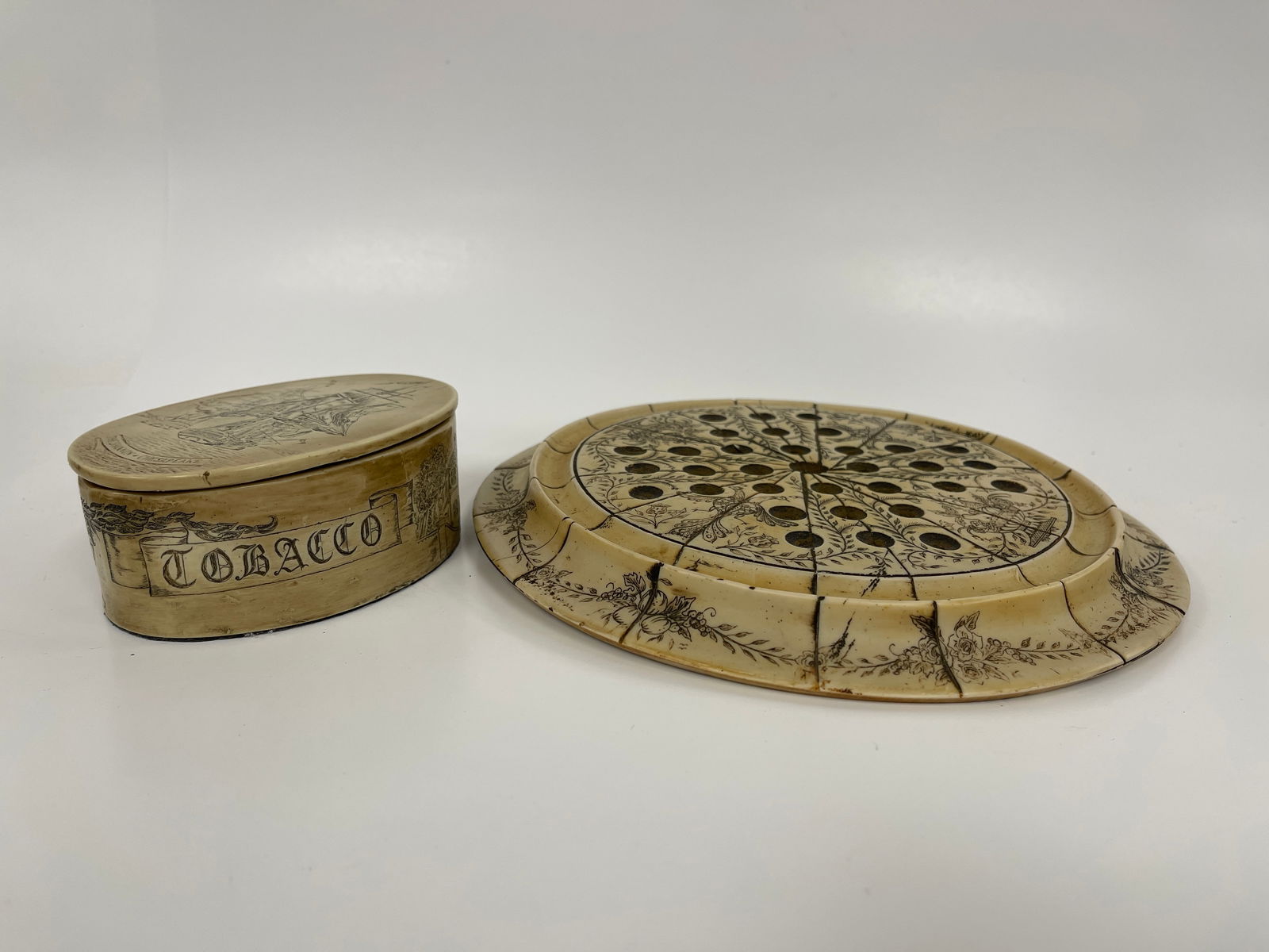 SCRIMSHAW GAMEBOARD, TOBACCO: SCRIMSHAW GAMEBOARD, TOBACCO BOX SIGNED HUNT