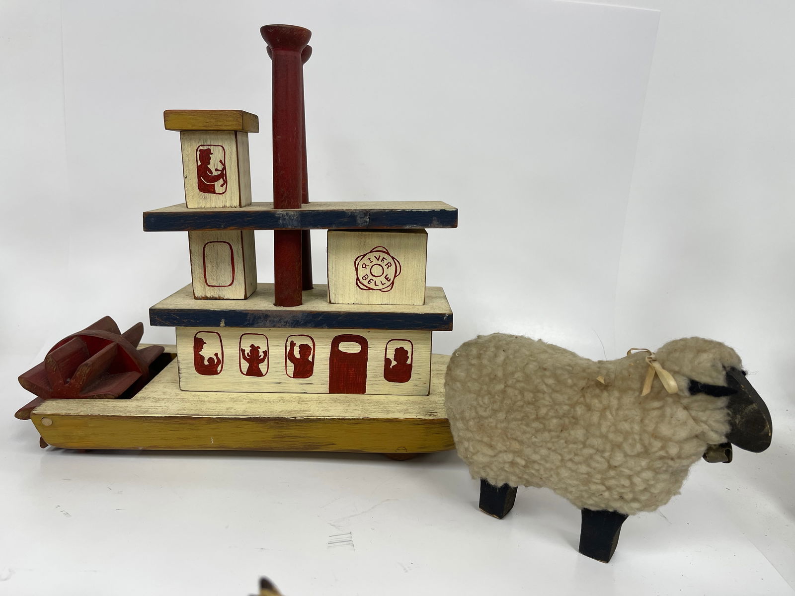 WOODEN RIVERBOAT, SHEEP: WOODEN RIVERBOAT, SHEEP 14 X 12