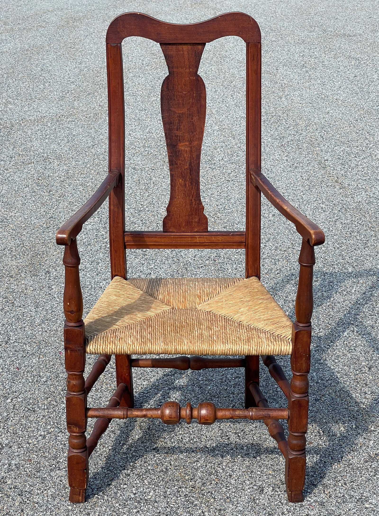 1760-1790 CT QUEEN ANNE ARMCHAIR: 1760-1790 CT Q A ARMCHAIR. ORIGINAL FINISH FULL HEIGHT 17” X 43” X 22” OLD RUSH SEAT