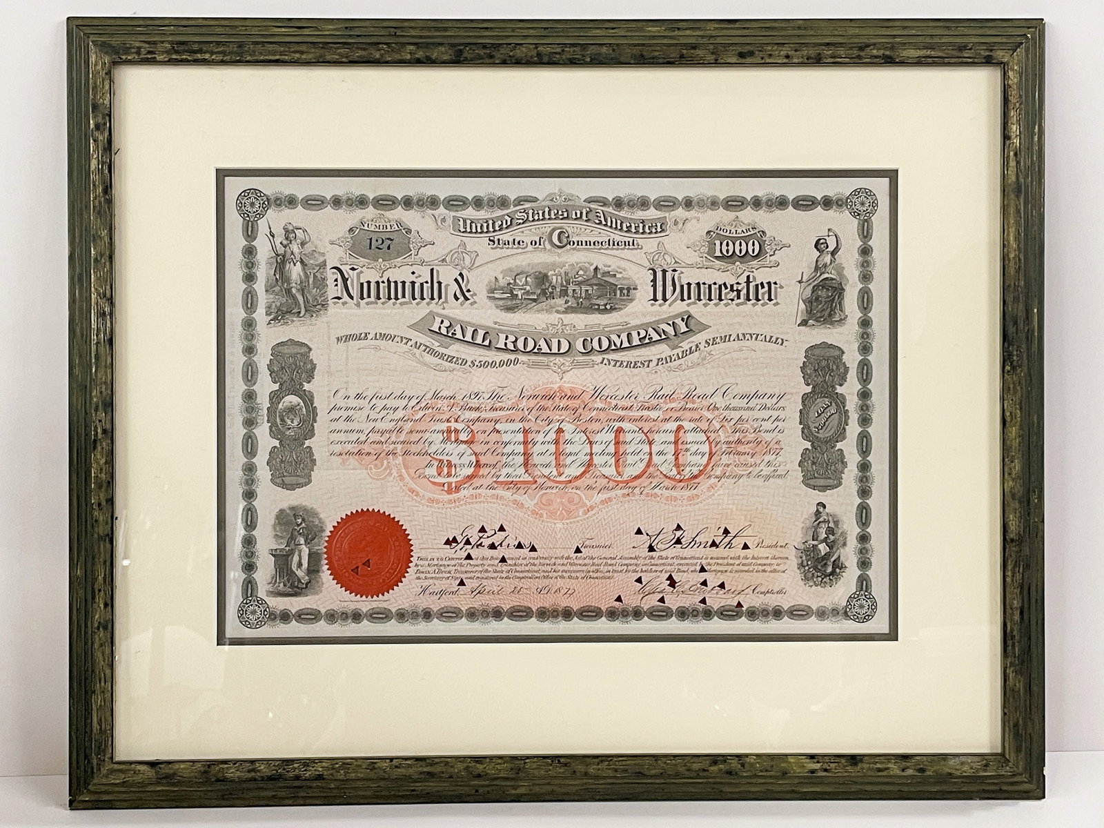 NORWICH WORCESTER RR 1877: NORWICH WORCESTER RR 1877 11" X 16" PROFESSIONALLY FRAMED 18" X 22"