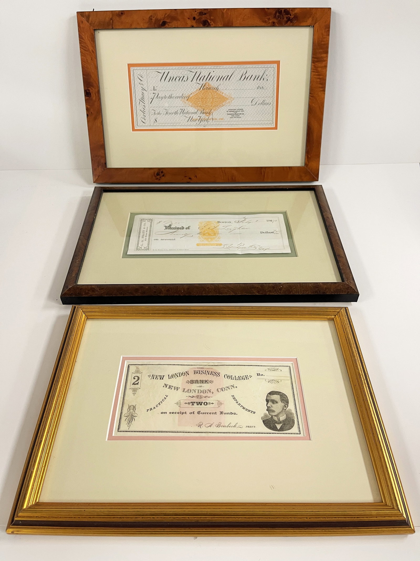 GROUPING OF FRAMED RECEIPTS CHECKS: GROUPING OF FRAMED RECEIPTS CHECKS PROFESSIONALLY FRAMED LARGEST 9" X 13"