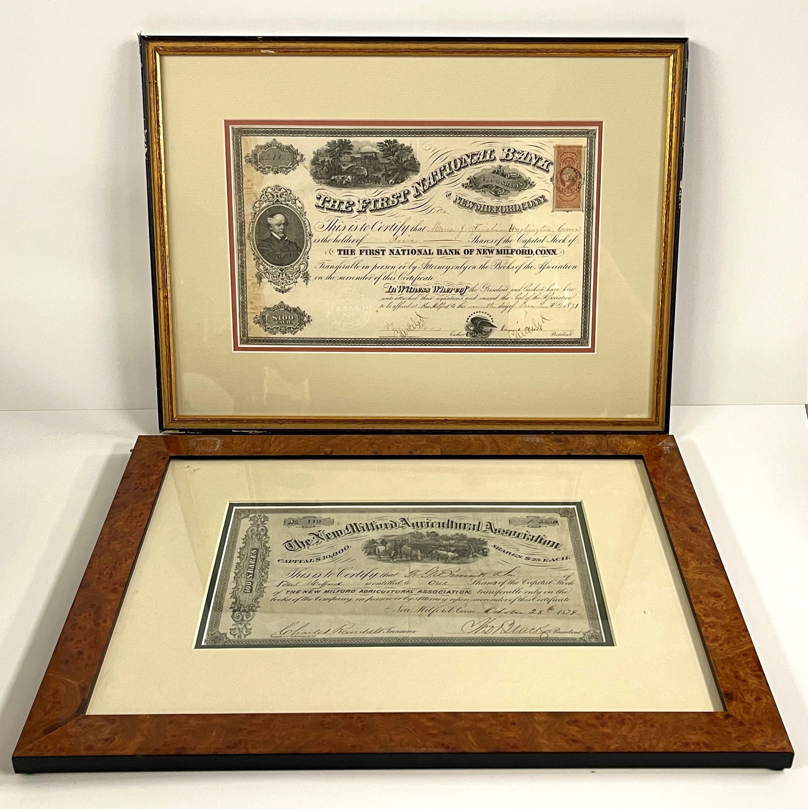 TWO FRAMED STOCK CERTIFICATES 1878,1871 CONNECTICUT: TWO FRAMED STOCK CERTIFICATES 1878,1871 CONNECTICUT