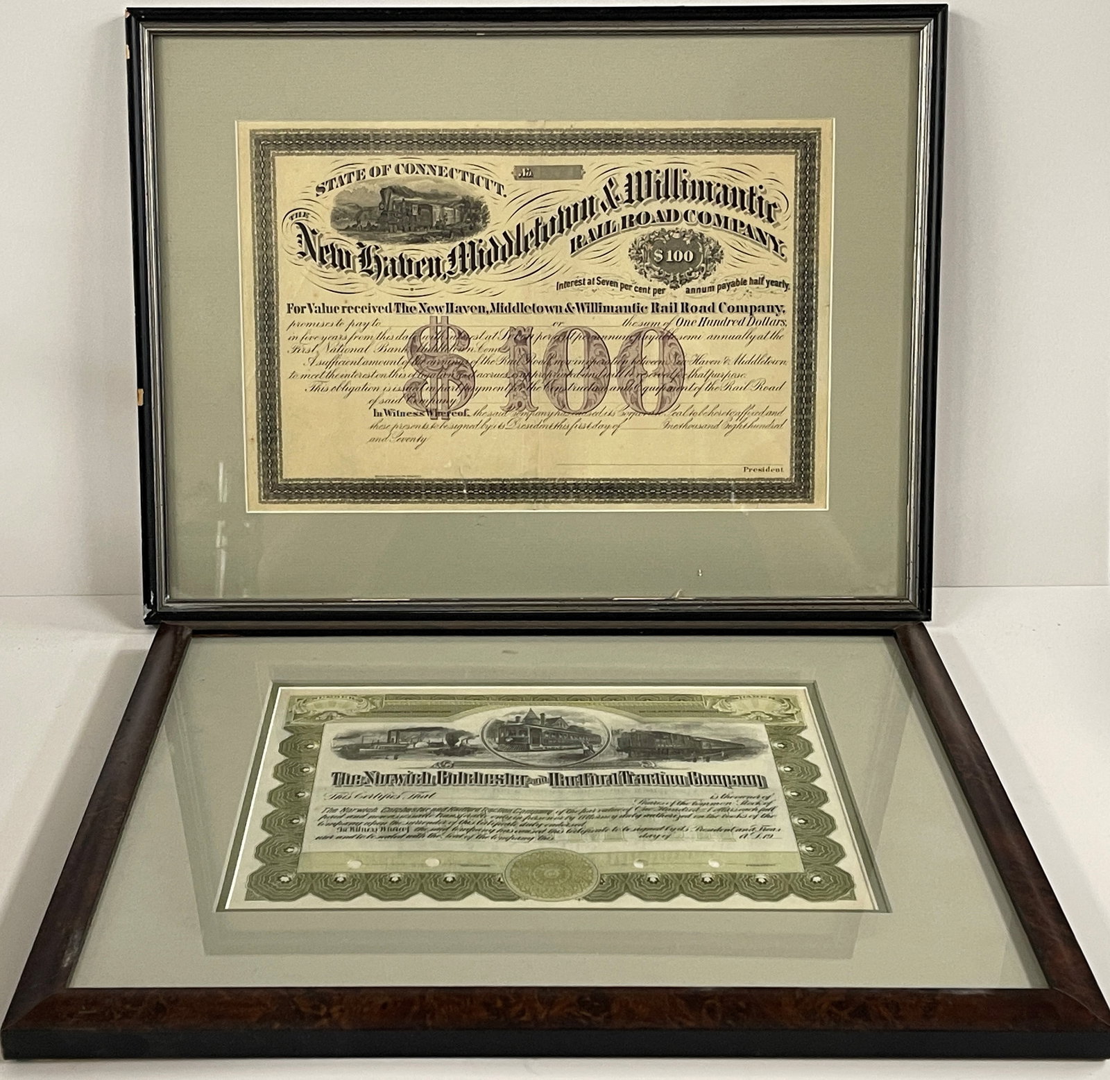 TWO RR STOCK CERTIFICATES STATE OF CT: TWO RR STOCK CERTIFICATES STATE OF CT 14" X 17" , 14" X 18"