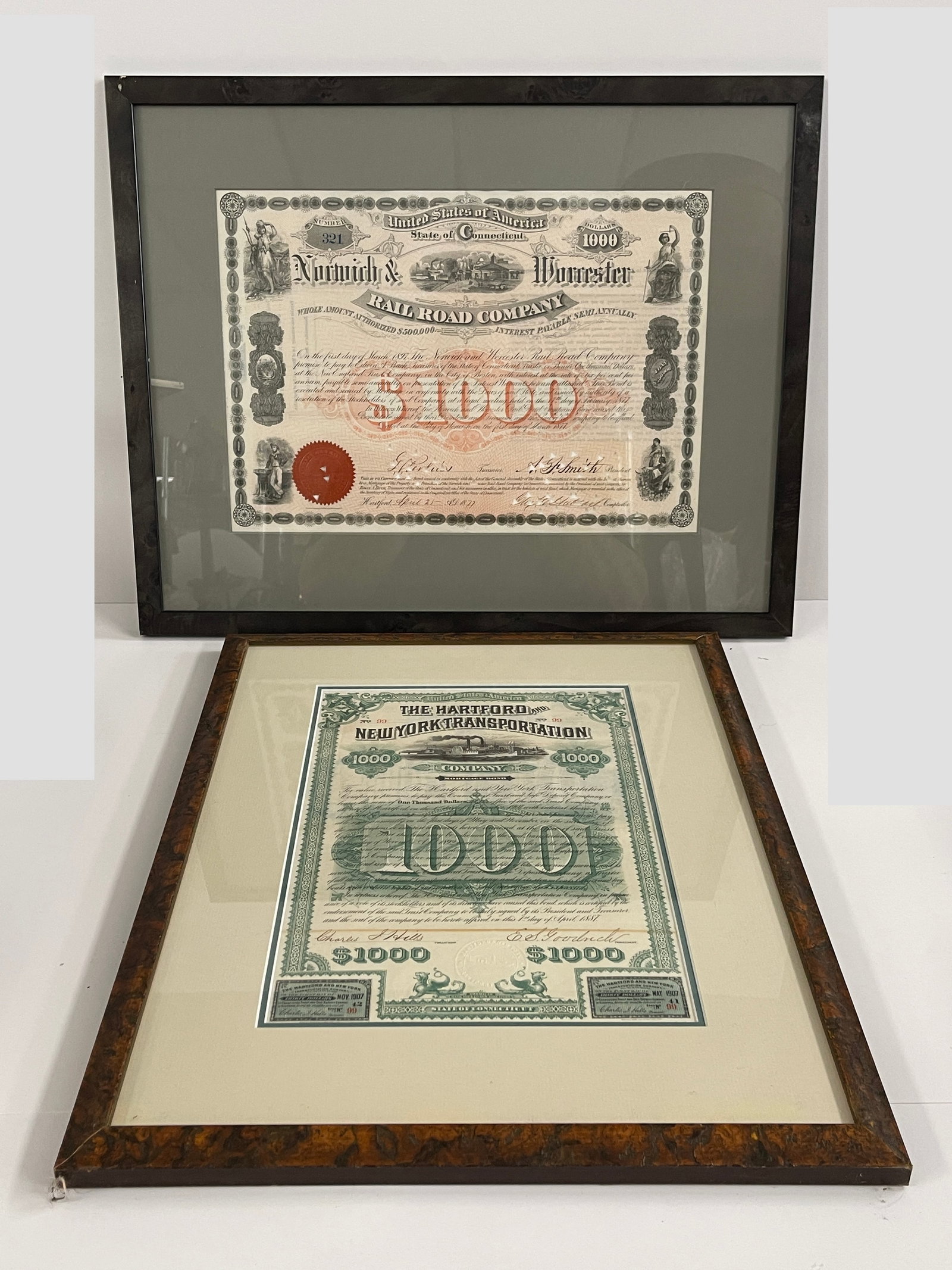 TWO FRAMED STOCK CERTIFICATES FOR STATE OF CT HARTFORD AND NY NORWICH-WORCESTER: TWO FRAMED STOCK CERTIFICATES FOR STATE OF CT HARTFORD AND NY, 16" X 20" NORWICH-WORCESTER 17" X 21"