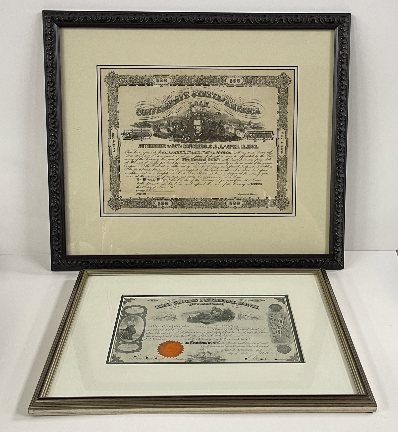 1862 CONFEDERATE STATES LOAN ,STOCK CERTIFICATE FROM NORWICH,CT UNCUT NATIONAL BANK (1 of 3)