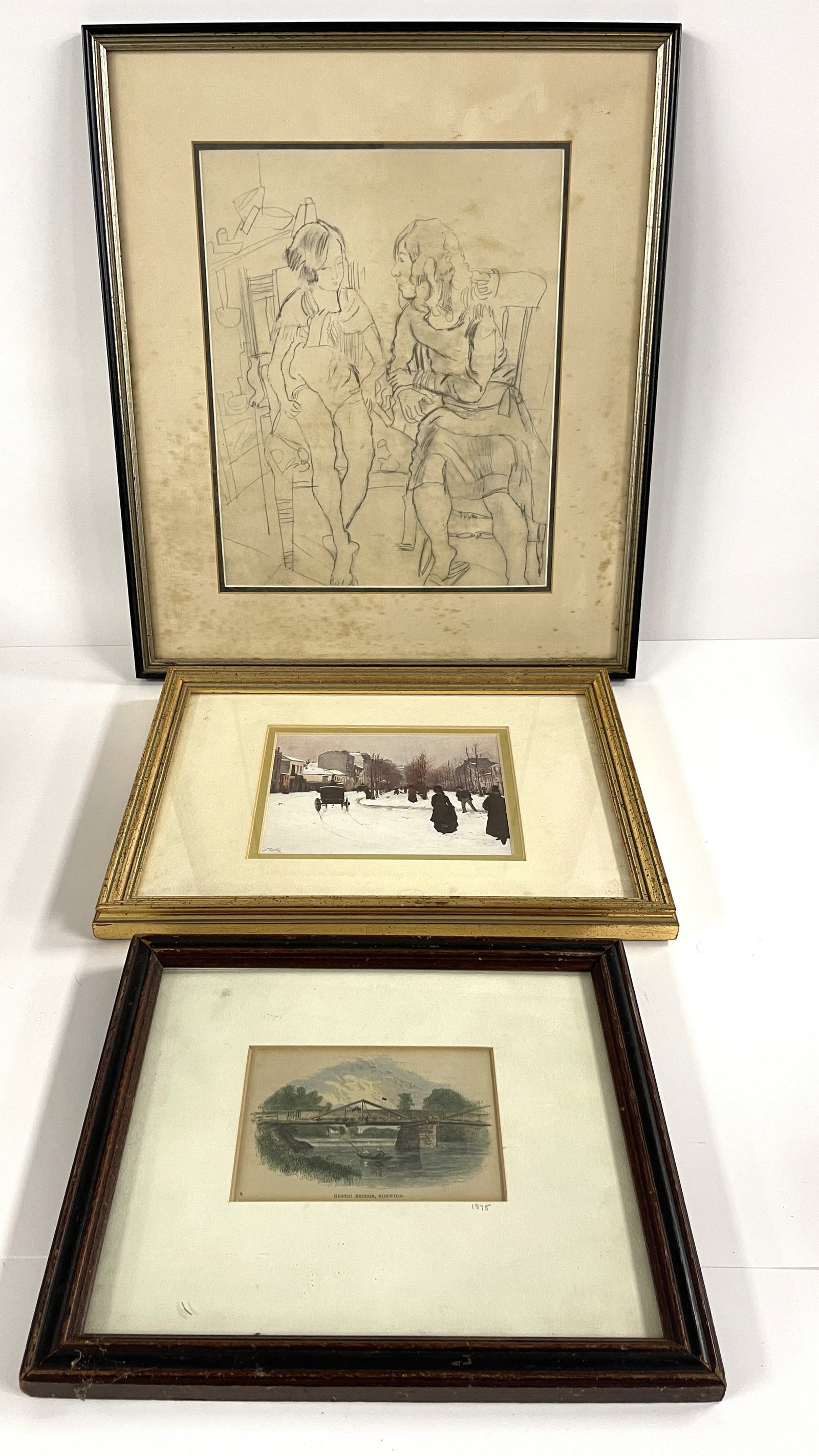 THREE FRAMED ITEMS , JULES PASCIN 1960'S RUSTIC BRIDGE NORWICH , PARIS PRINT (1 of 4)