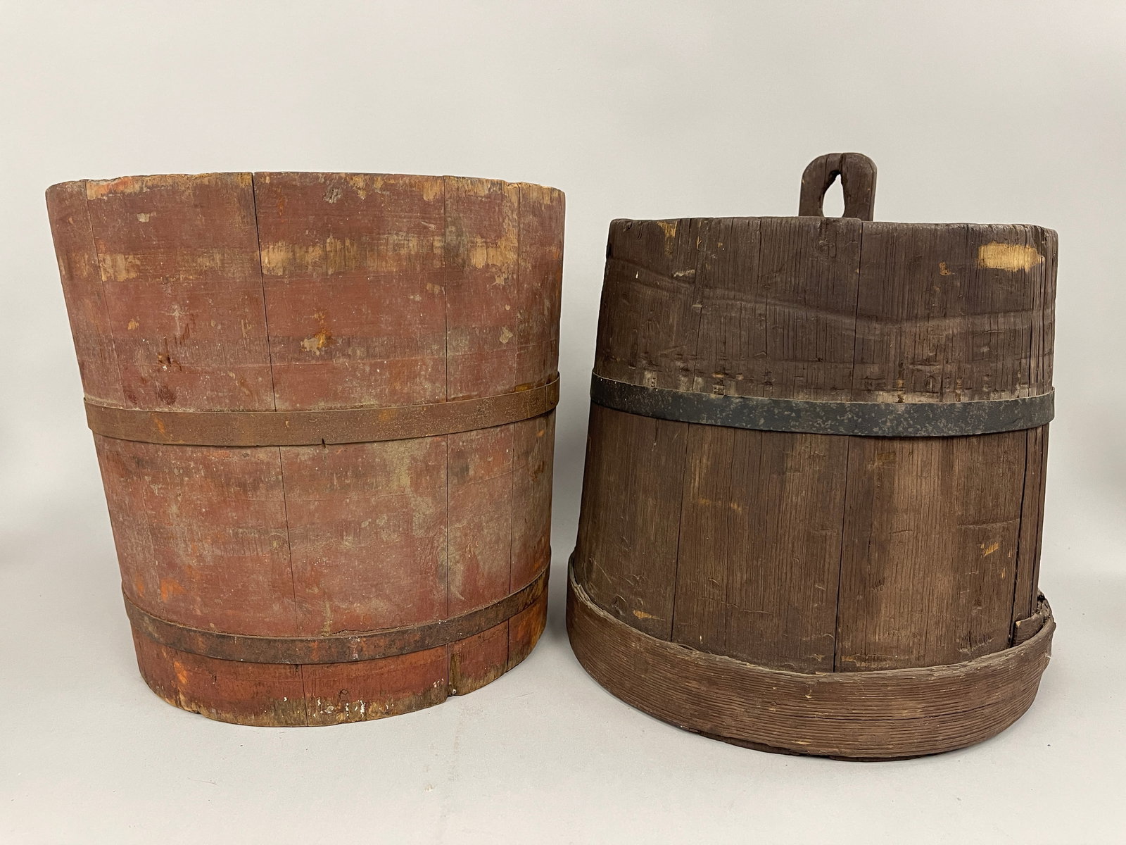 TWO PRIMITIVE WOODEN BUCKETS , RED PAINTED SAP BUCKET,OPEN PIGGIN (1 of 5)