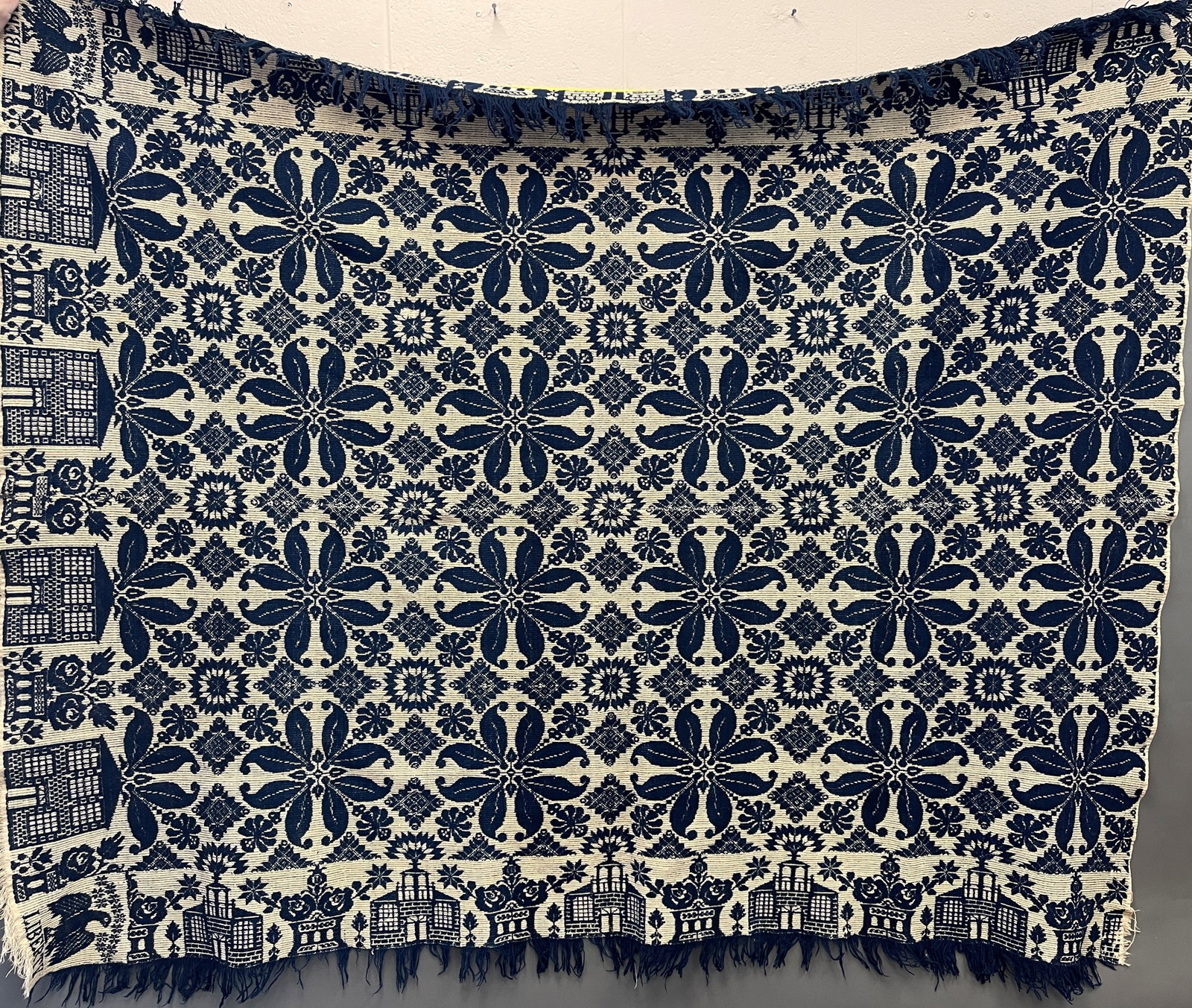 19TH 2 PC BLUE / WHITE COVERLET WITH EAGLES AND CHURCHES HAR (1 of 4)