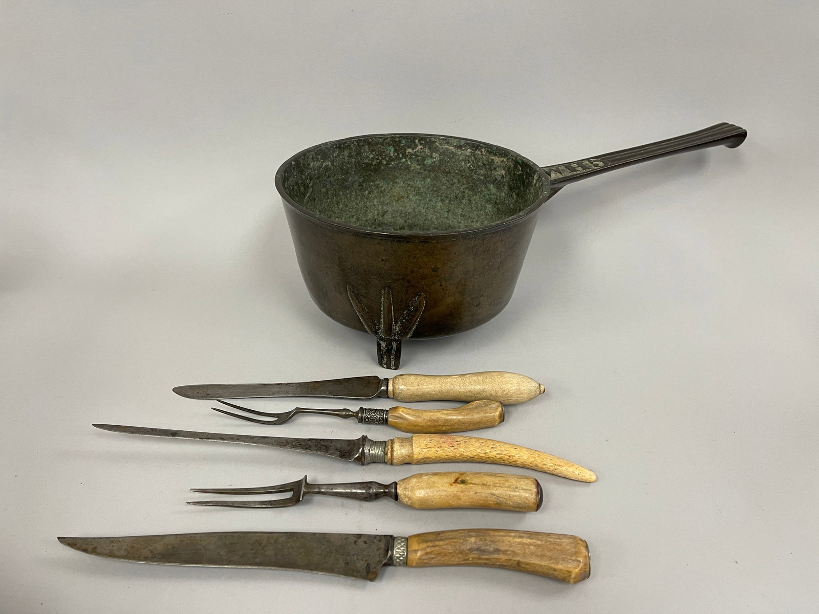 18TH C COOKING ITEMS LOT 1710 BELL METAL POSNET SIGNED "WH5",MAINE COLL 6"T X 18" L X 9 3/8" 18TH C (1 of 9)