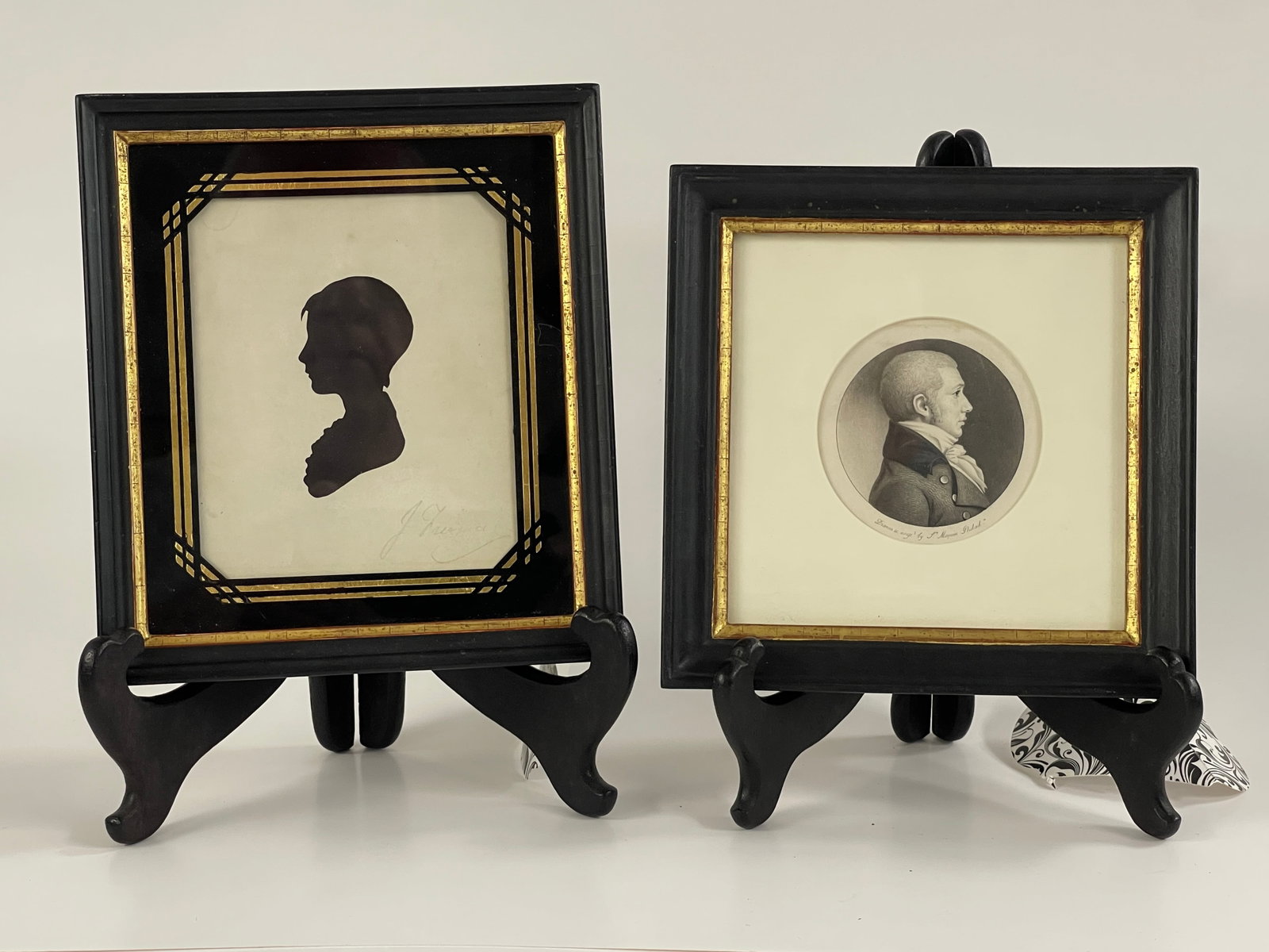 TWO PORTRAIT ENGRAVINGS: PAIR: CHARLES ST. MEMIM, (FRANCE ~1794-1814) ENGRAVING OF JAMES FREEMAN, 6 1/8"X 6 1/8” WITH STAMPED “MUSEUM” ~ PEALE STUDIO SILHOUETTE OF ‘JAMES FREEMAN CHILD’ 6” X 5