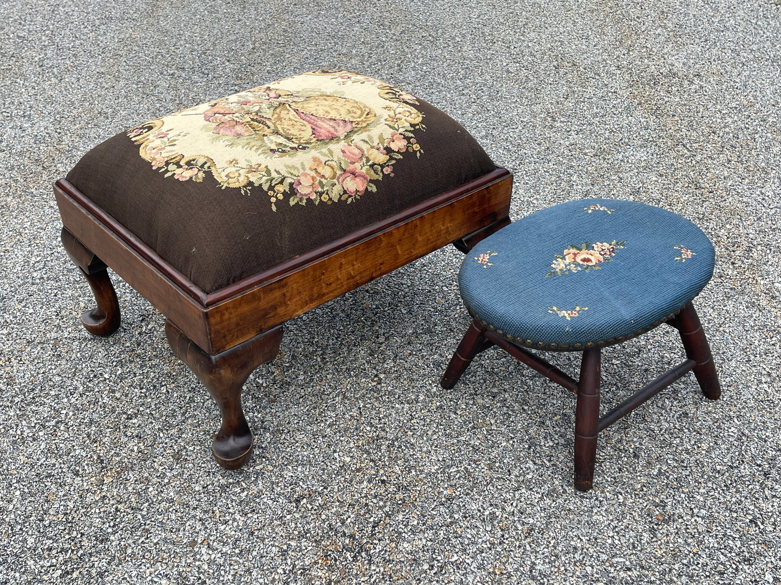TWO NEEDLEPOINT FOOTSTOOLS - 2