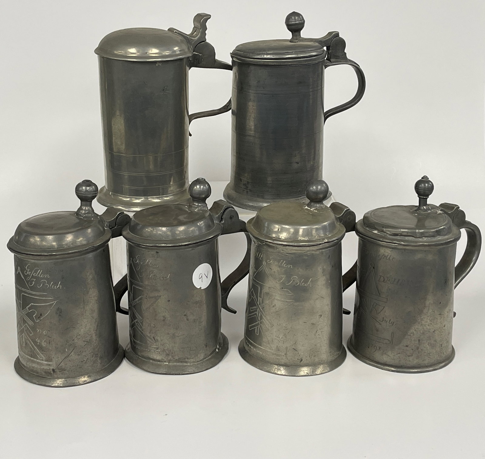 LOT OF 6 18 & 19TH C PEWTER COVERED TANKARDS (1 of 8)