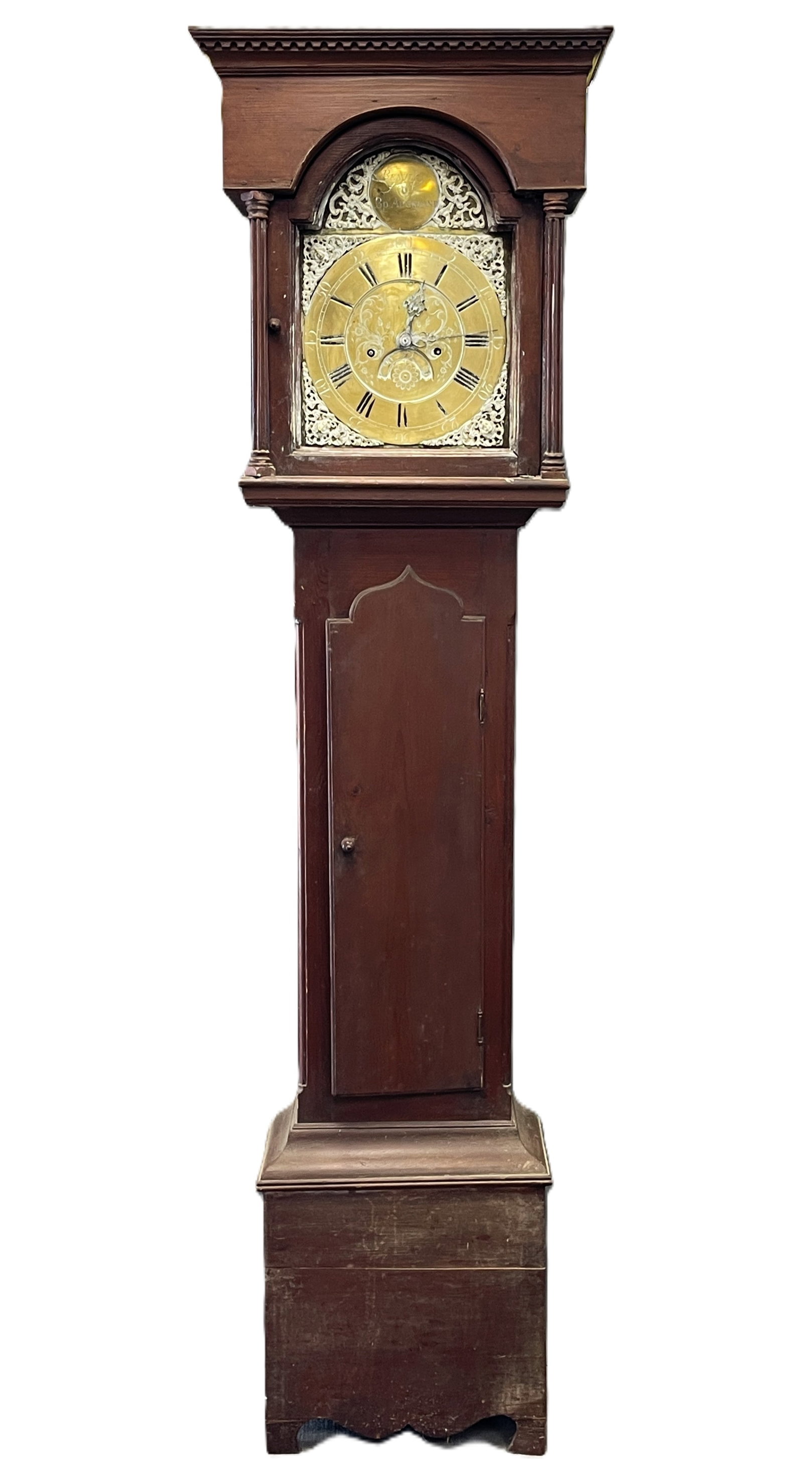 18TH C CT RIVER VALLEY TALL CASE CLOCK: 18TH C CT RIVER VALLEY TALL CASE CLOCK WITH ADDED ENG BRASS SIGNED BENTLEY AUCKLAND
