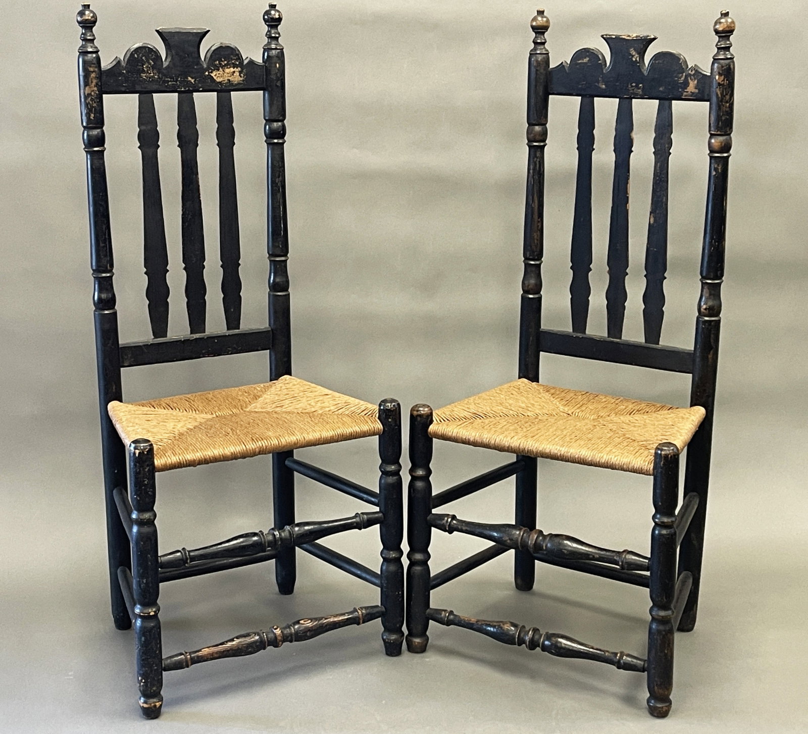 RARE PAIR OF RHODE ISLAND WILLIAM AND MARY BANNISTER BACK CHAIRS IN OLD BLACK PAINT, C1730 (1 of 6)