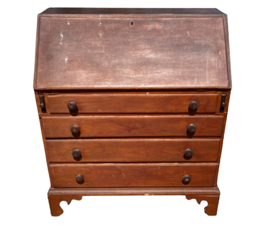 18TH C MA CHIPPENDALE SLANT FOOT DESK IN OLD SURFACE: 18TH C MA CHIPPENDALE SLANT FOOT DESK IN OLD SURFACE