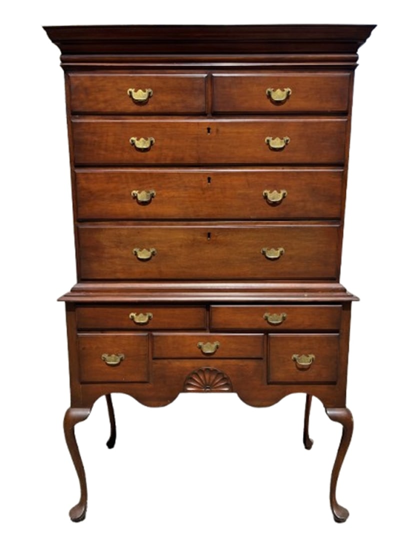 RARE 18TH C LONG ISLAND NY CHERRY QA HIGHBOY: RARE 18TH C LONG ISLAND NY CHERRY QA HIGHBOY WITH CARVED FAN IN APRON ALL ORIGINAL CONDITION EXCEPT BRASSES C.1740-1760 38 X 16 X 68
