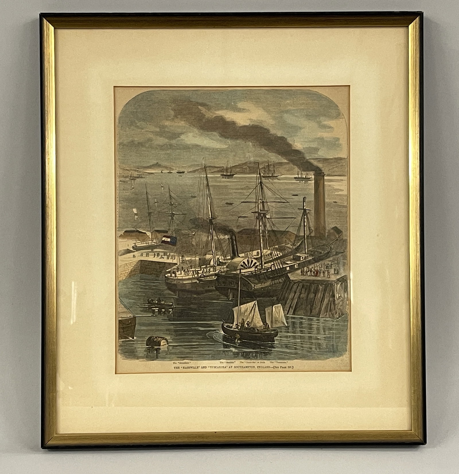 EARLY COLORED PRINT OF SHIPS AT SOUTH HAMPTON ENGLAND: EARLY COLORED PRINT OF SHIPS AT SOUTHAMPTON ENGLAND 10" X 15"