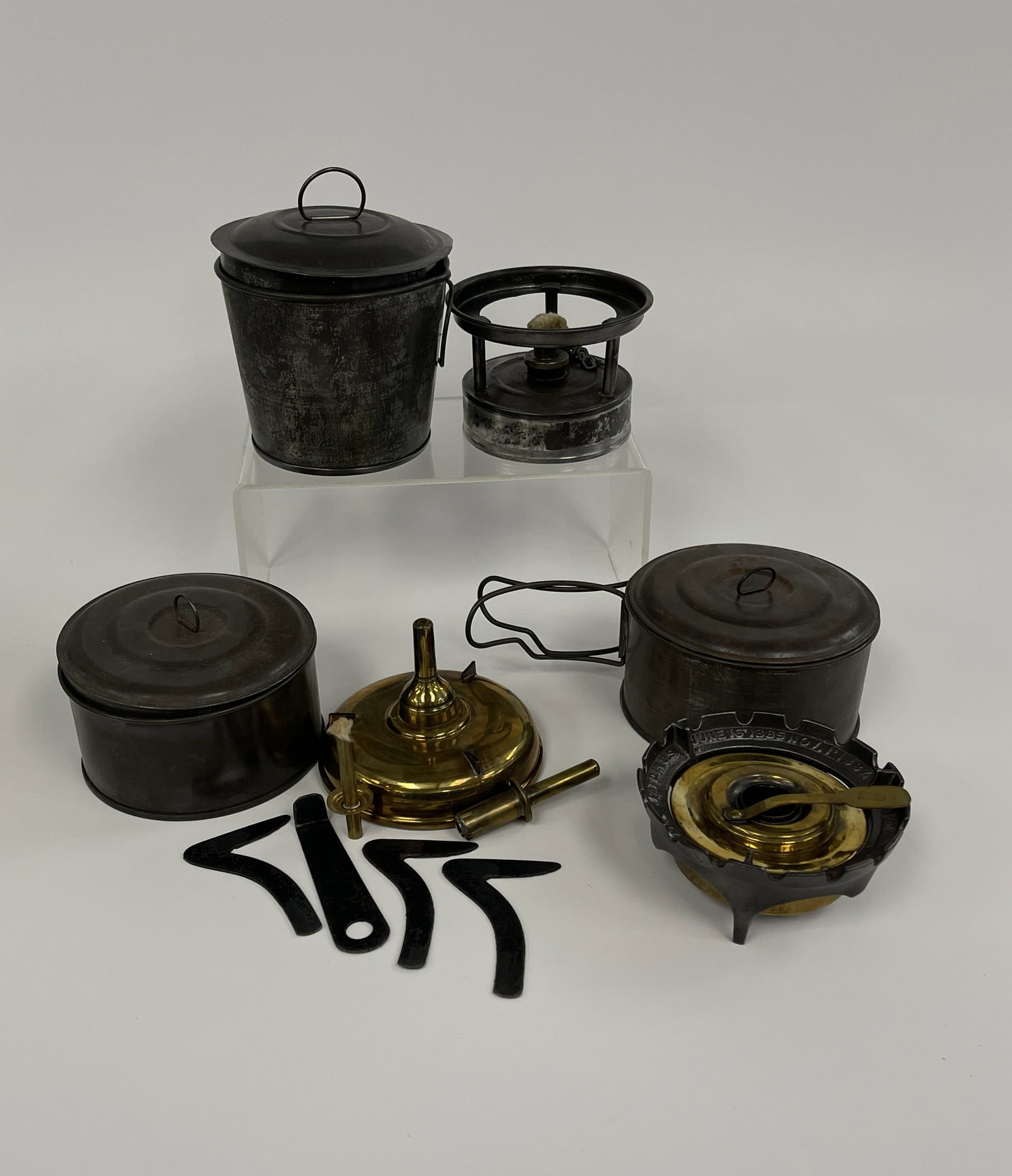 LOT OF 3 19TH C CASED PATENTED TIN FLUID LAMPS (1 of 5)