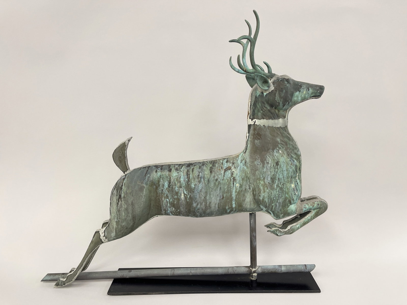 SUPERB STAG WEATHERVANE C.1890: SUPERB STAG WEATHERVANE E.G. WASHBURNE & CO, NYC, C 1890, FLATTENED FULL BODY COPPER, OUTSTANDING VERDIGRIS SURFACES, EXCELLENT UNTOUCHED ORIGINAL CONDITION. MUSEUM STAND INCLUDED. 28 X 25T