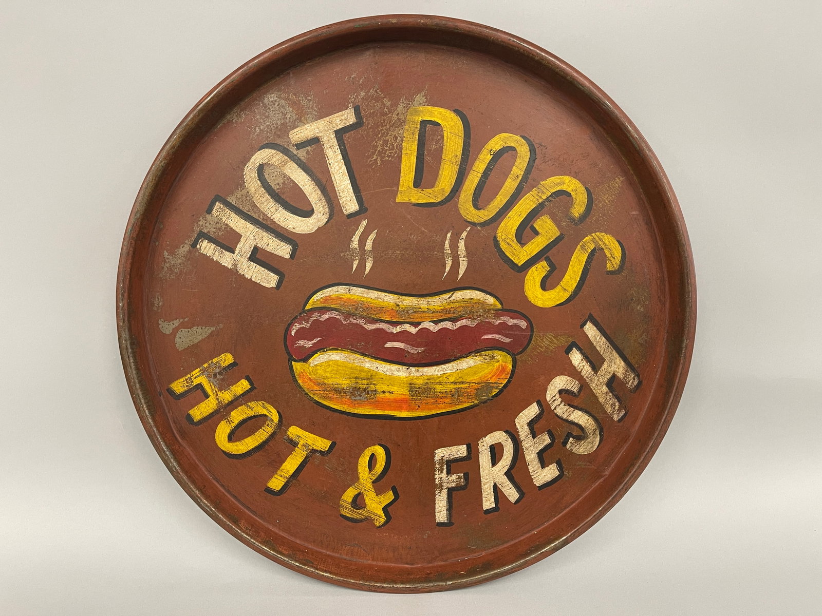 HOT DOGS TRAY C. 1920"S: HOT DOGS TRAY GREAT GRAPHICS, VIBRANT ORIGINAL PAINT, ROLLED SHEET IRON, C 1920’S. EXCELLENT CONDITION.