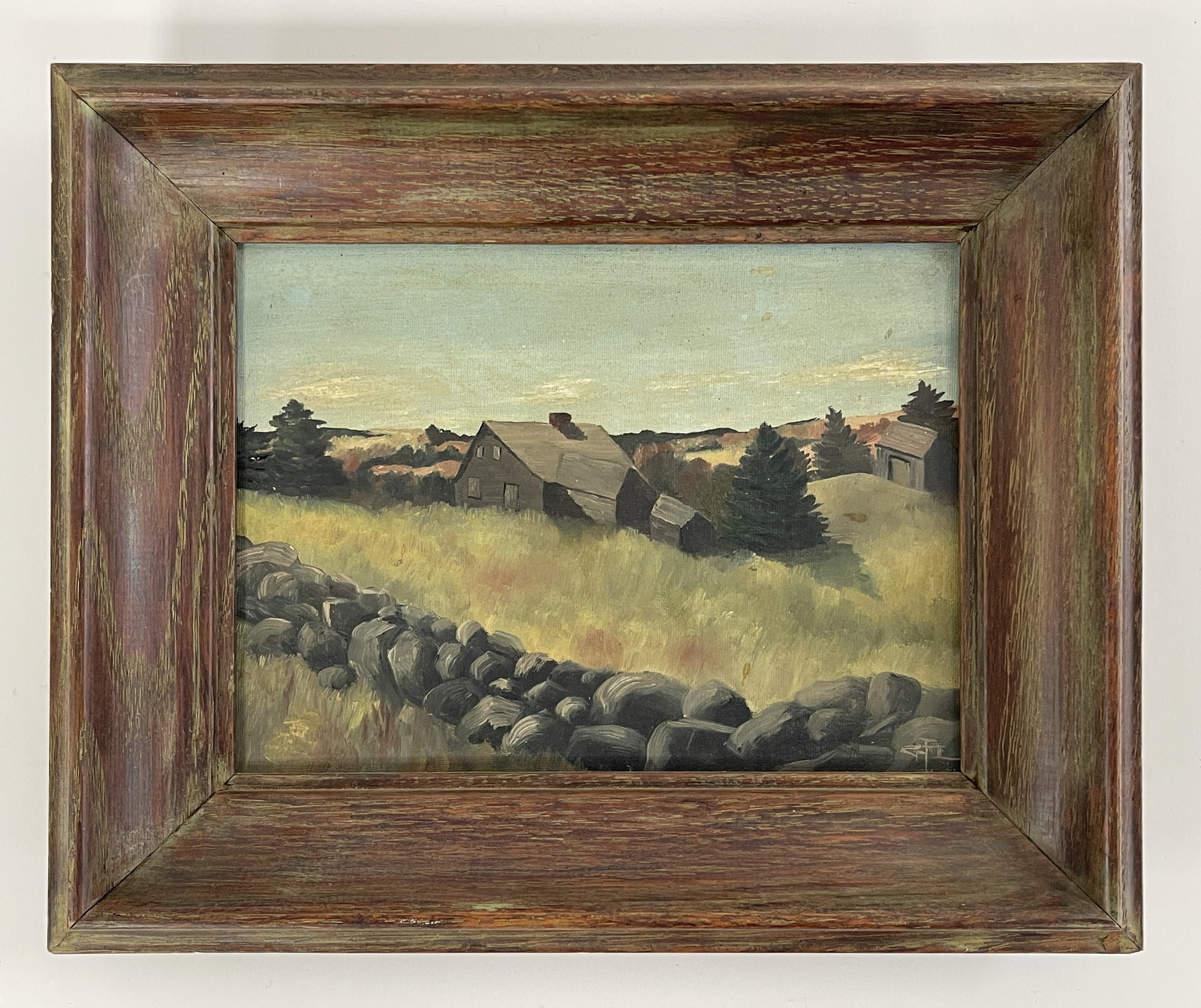 19THC OIL ON BOARD HOME WITH STONE WALL: 19THC OIL ON BOARD HOME WITH STONE WALL = 6X8” FRAME ORIG 11 X 8 ¾” SECOND QUARTER 19TH C. STANDING MAN WITH HIS HAND RESTING ON A TABLE, WEARING A BLACK TIE ADORNED WITH A BROOCH,