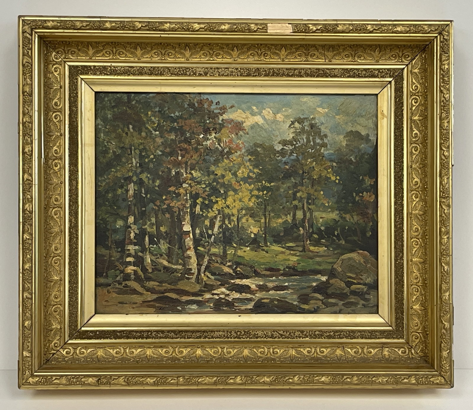 E.R. HOWE THORNTON, NH, AUGUST 1876,: E.R. HOWE THORNTON, NH, AUGUST 1876, A STREAM LANDSCAPE, OIL ON ACADEMY BOARD, UNSIGNED, LABEL VERSO WITH ARTIST AND TITLE FROM WIFE OF UNIVERSITY OF VIRGINIA FACULTY MEMBER, IN GOLD GESS COVE FRAME,