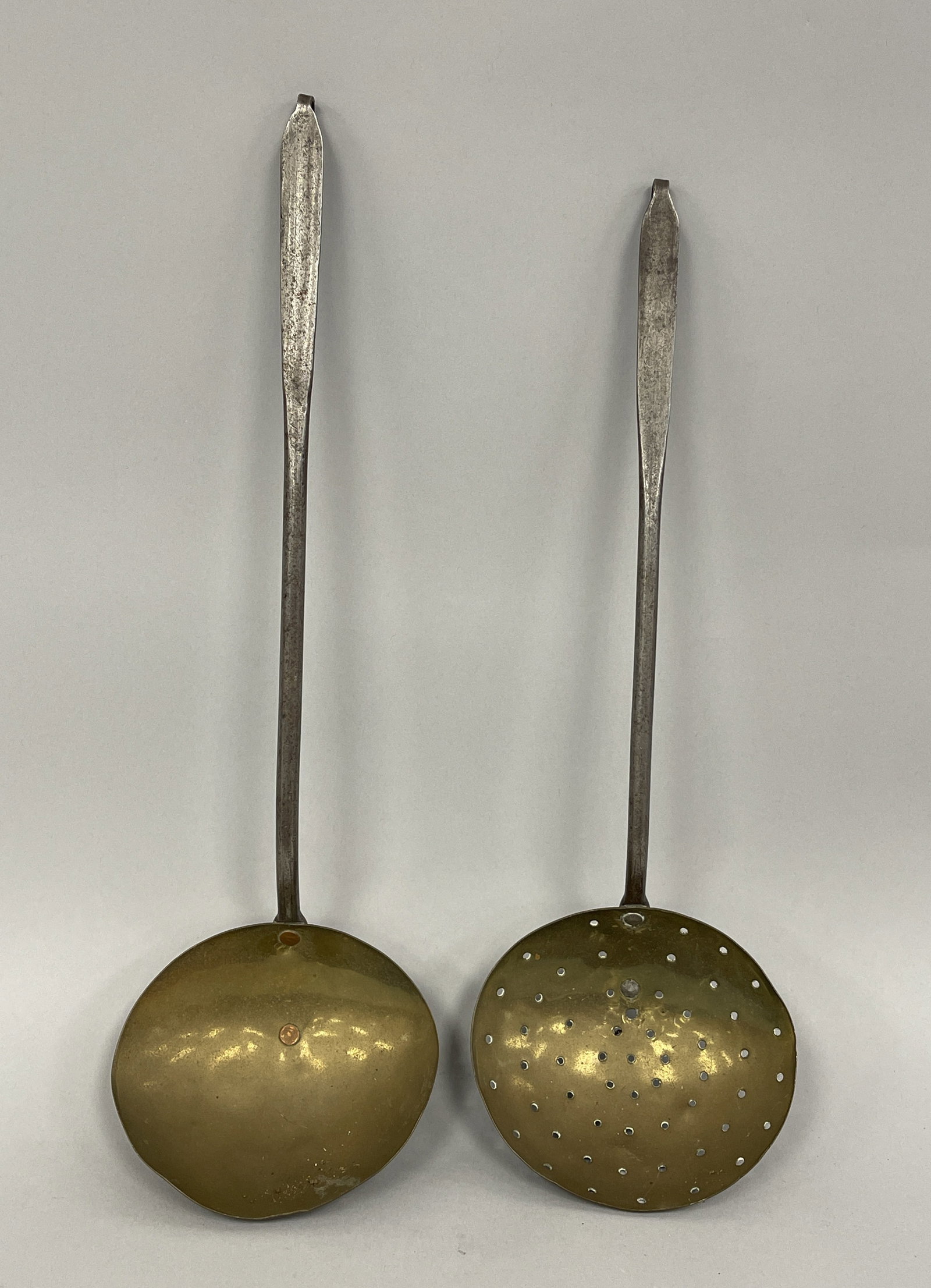 EARLY BRASS SCOOP & STRAINER: EARLY BRASS SCOOP & STRAINER W/ BEAUTIFUL CLEAN WHITESMITH MADE HANGERS