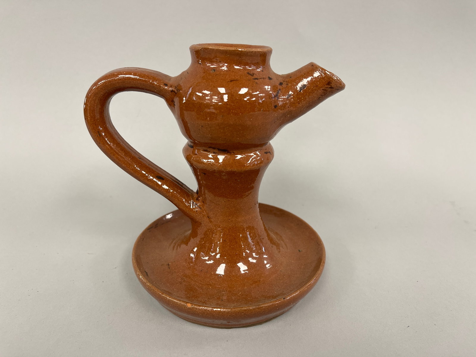 EARLY REDWARE OIL LAMP FILLER FOR BETTY LAMPS: EARLY REDWARE OIL LAMP FILLER FOR BETTY LAMPS ETC 6" T